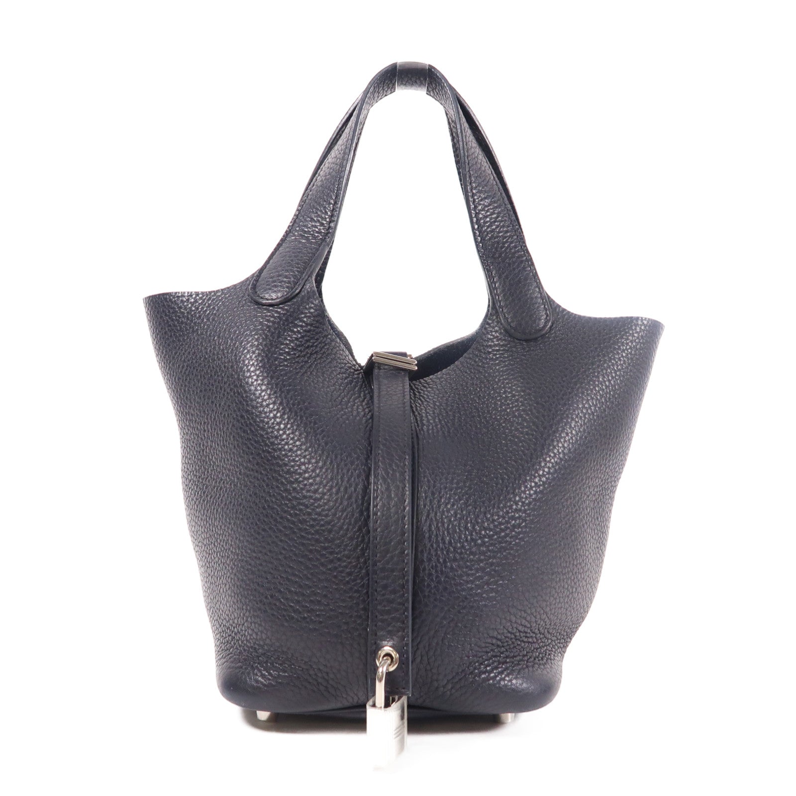 HERMES PHW Picotin Lock 18 PM Handbag Clemence Leather Bleu Nuit
