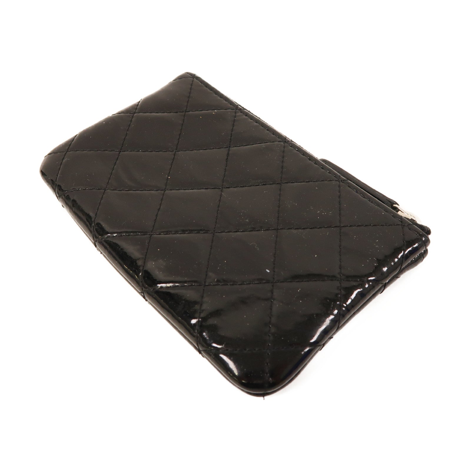CHANEL 菱格漆皮皮革Round Wallet銀扣圓錢包黑色