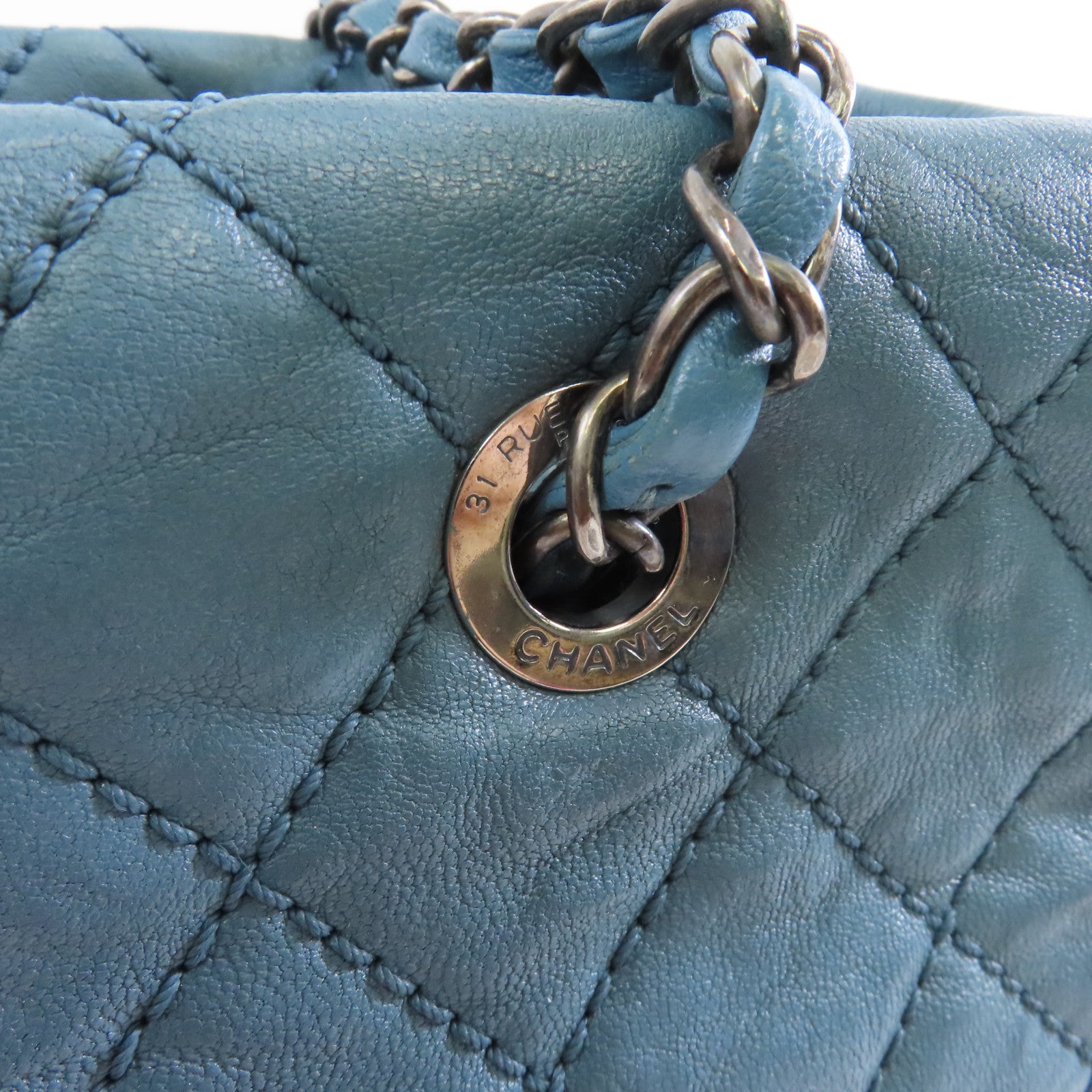 CHANEL 菱格牛皮皮革Tote Bag銀扣鏈帶肩背袋藍色