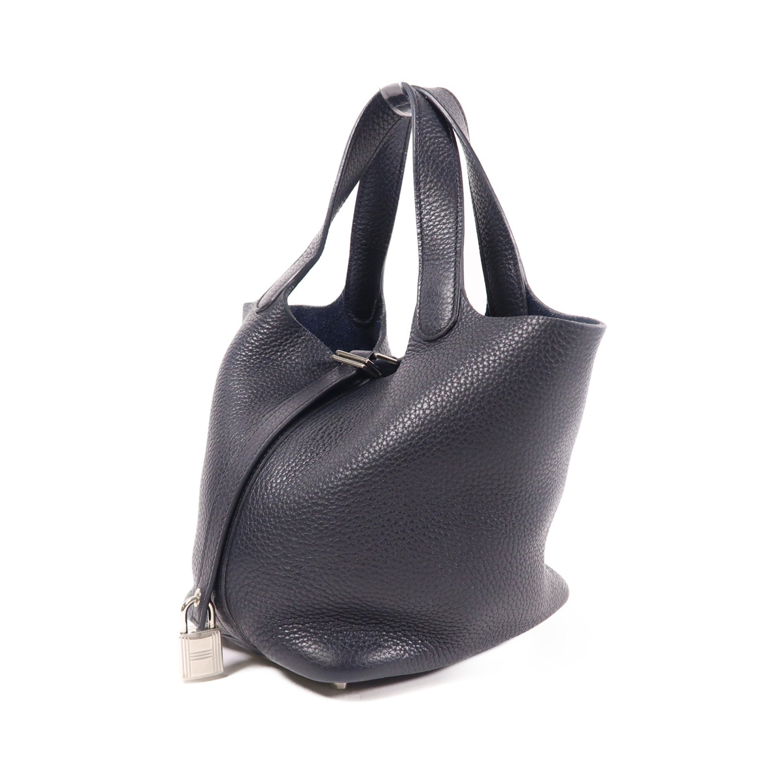 HERMES PHW Picotin Lock 18 PM Handbag Clemence Leather Bleu Nuit
