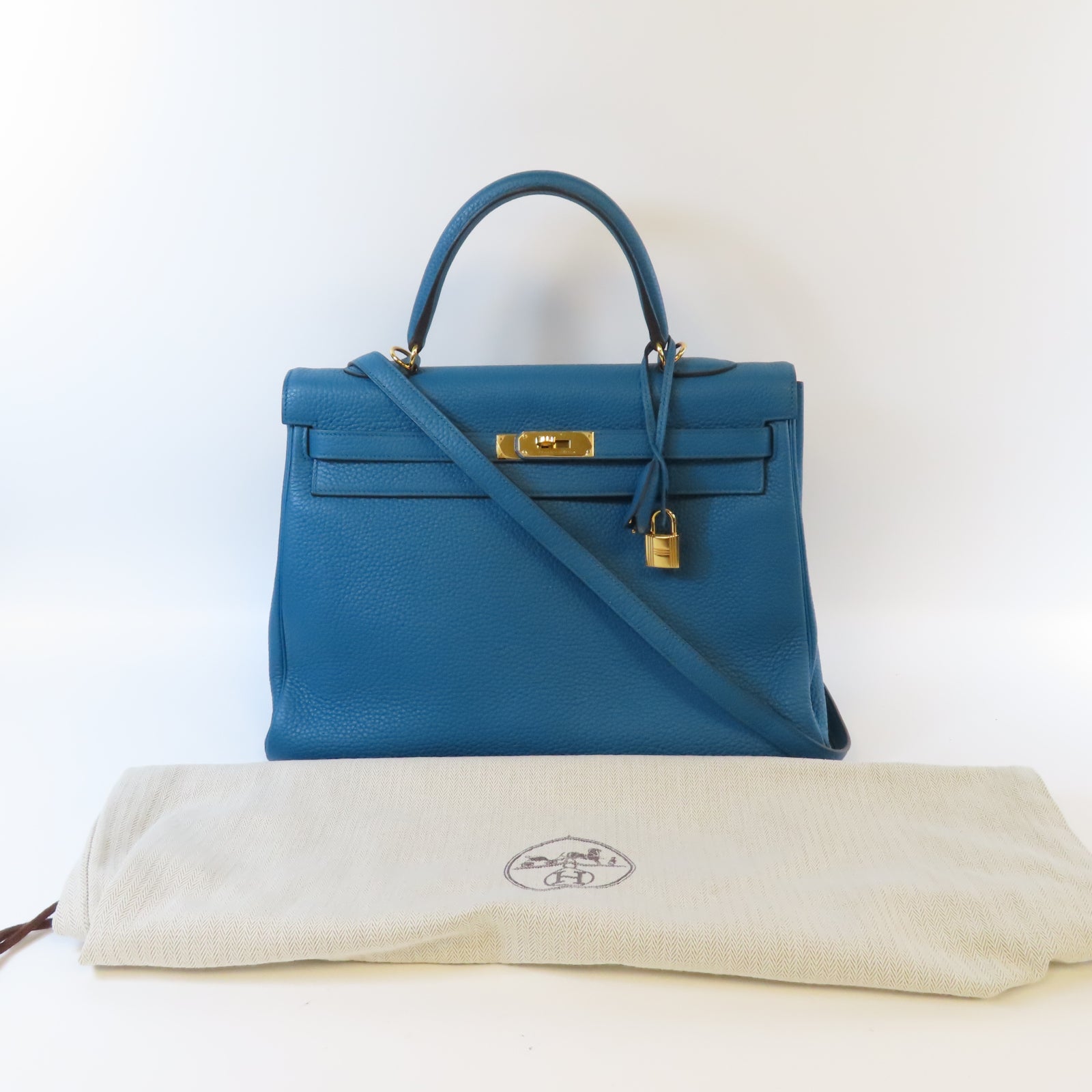 HERMES Clemence皮革Kelly 35金扣手挽肩背兩用袋Bleu Izmir 伊茲密爾藍色