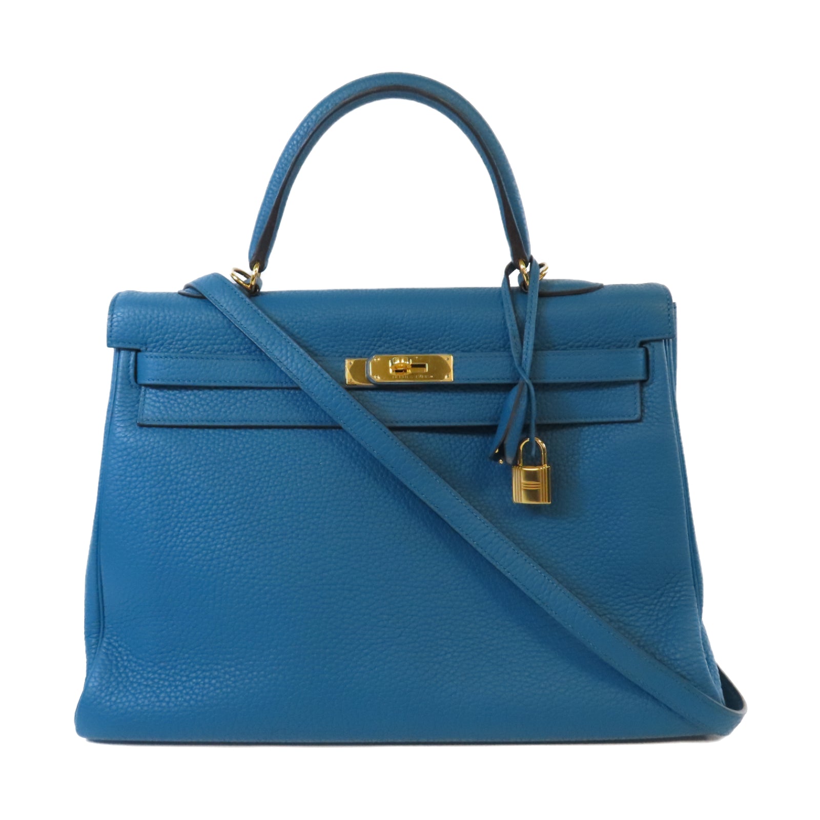 HERMES Clemence皮革Kelly 35金扣手挽肩背兩用袋Bleu Izmir 伊茲密爾藍色