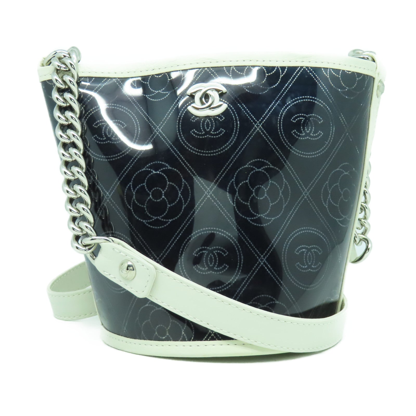CHANEL 【清倉大減價】牛皮皮革/PVC Chain Shoulder銀扣鏈帶肩背袋黑色/白色