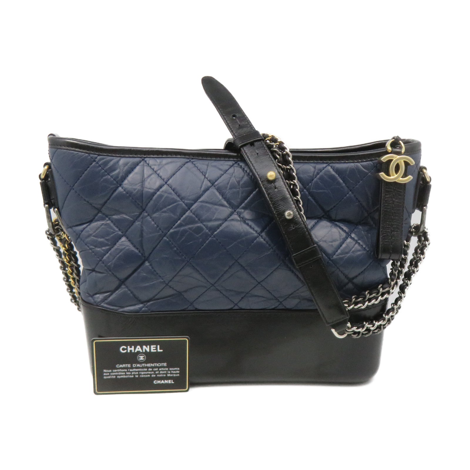 CHANEL Diamond Sheepskin Leather Gabrielle Hobo Medium Chain Shoulder Bag Gold Buckle Chain Shoulder Bag Blue/Black