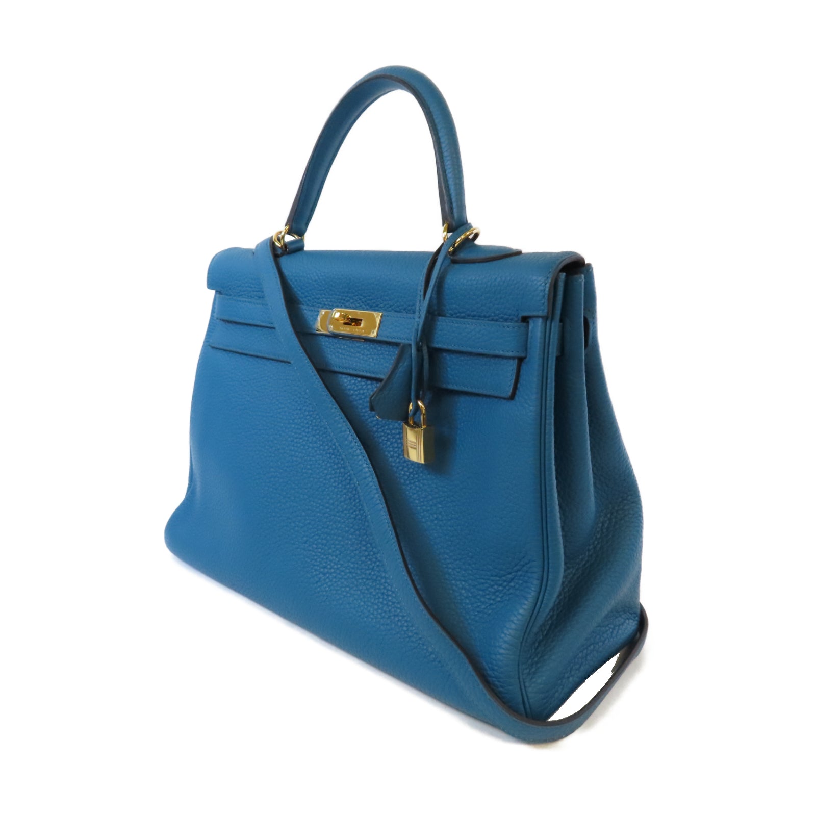 HERMES Clemence皮革Kelly 35金扣手挽肩背兩用袋Bleu Izmir 伊茲密爾藍色