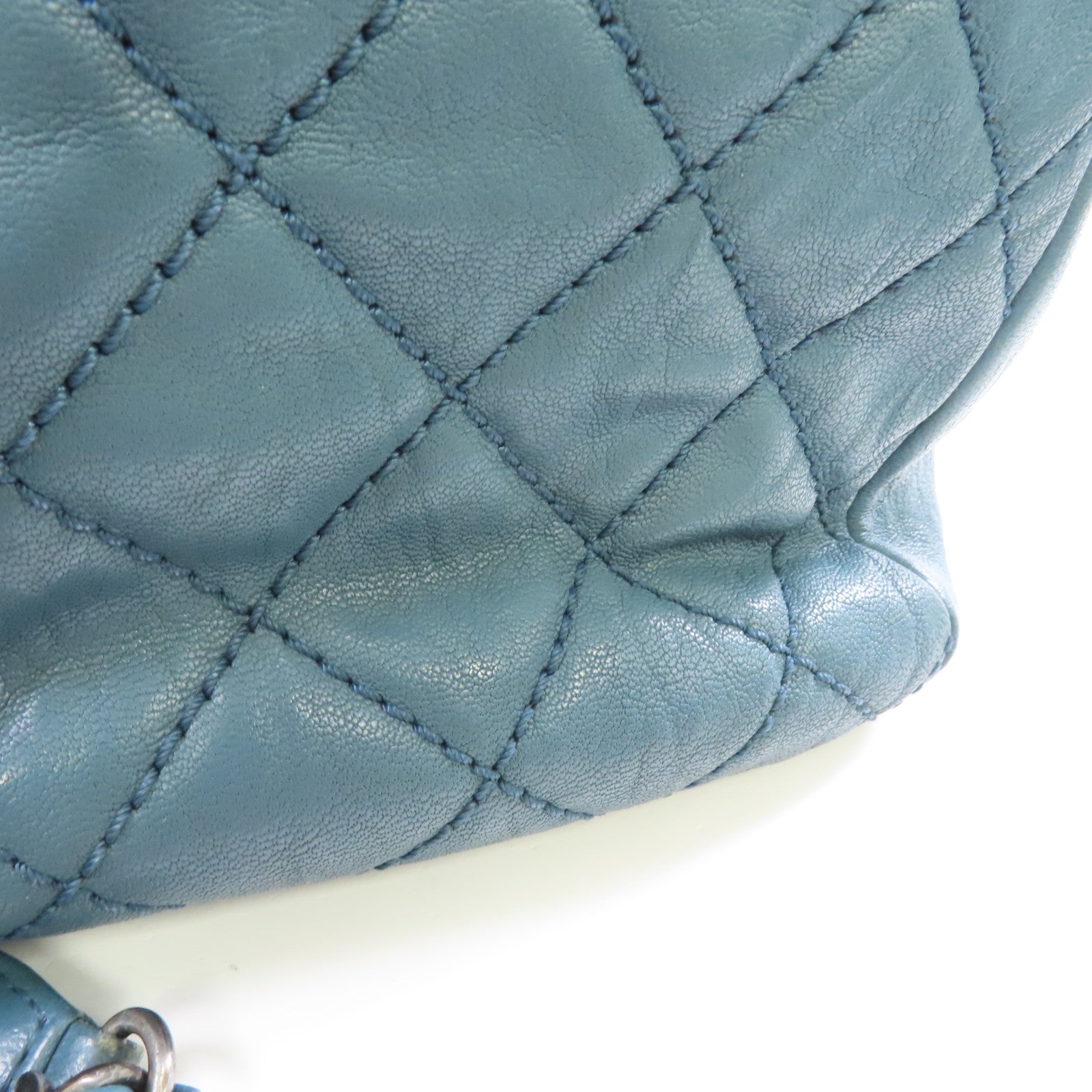 CHANEL 菱格牛皮皮革Tote Bag銀扣鏈帶肩背袋藍色