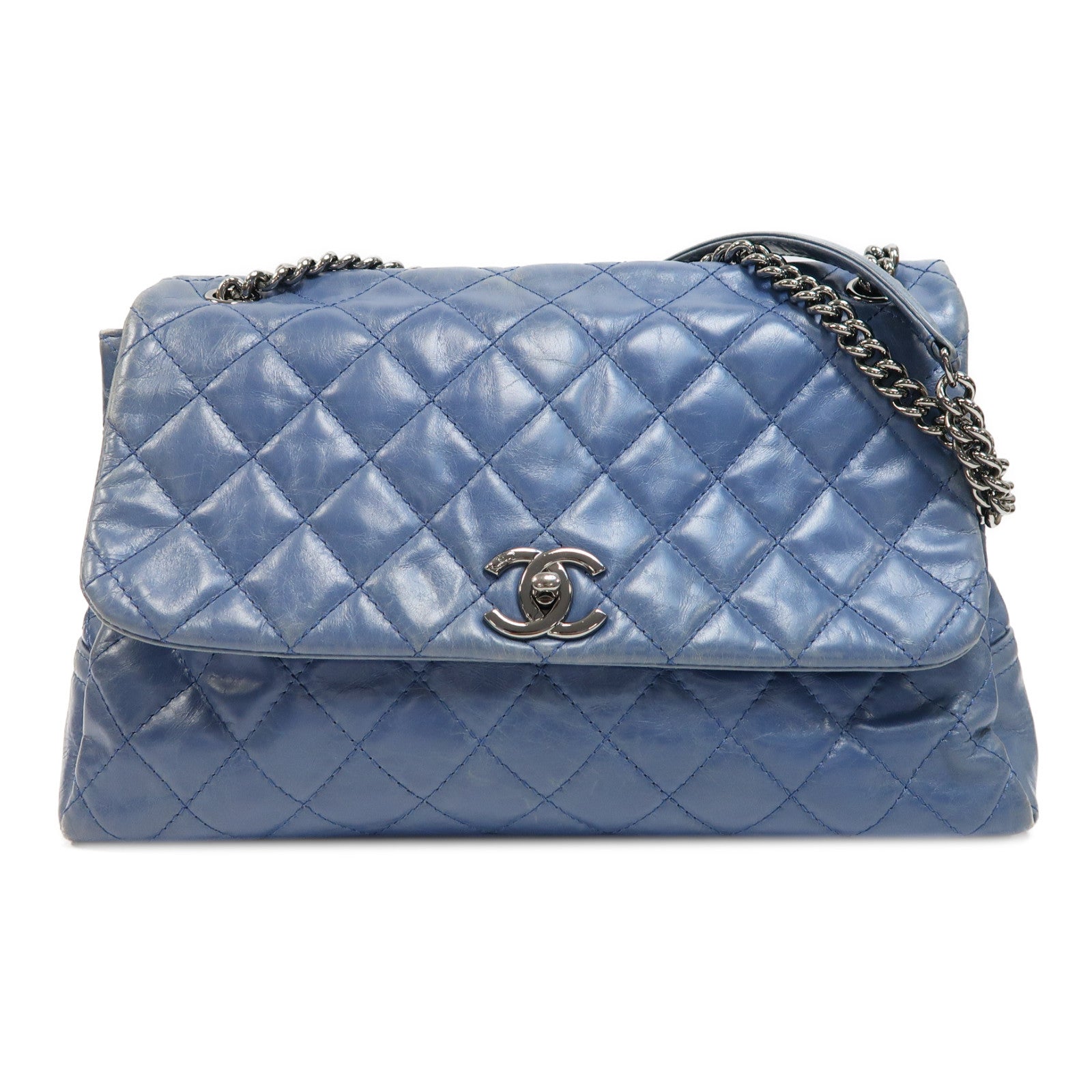 CHANEL 菱格牛皮皮革Chain Shoulder銀扣鏈帶肩背袋藍色