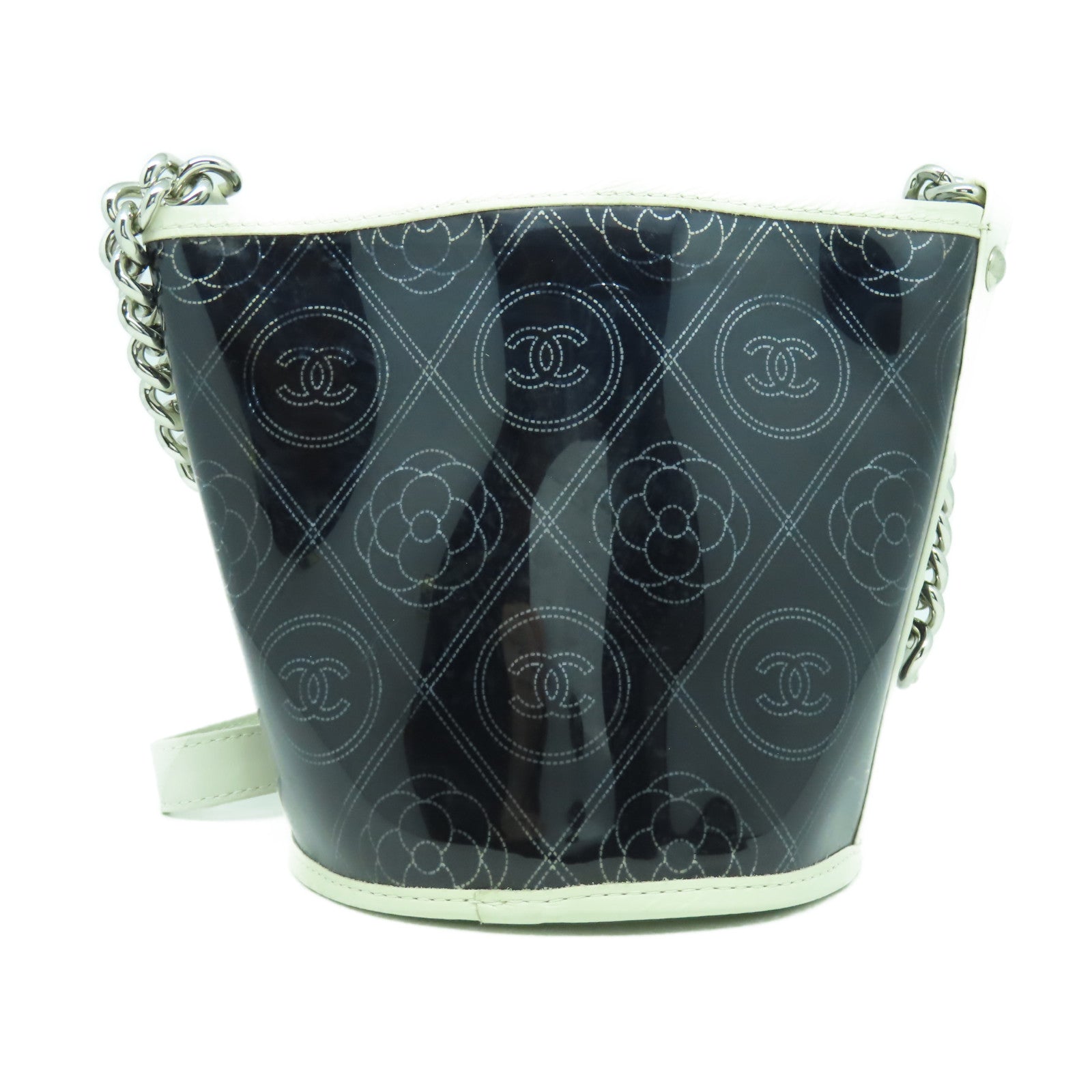 CHANEL 【清倉大減價】牛皮皮革/PVC Chain Shoulder銀扣鏈帶肩背袋黑色/白色