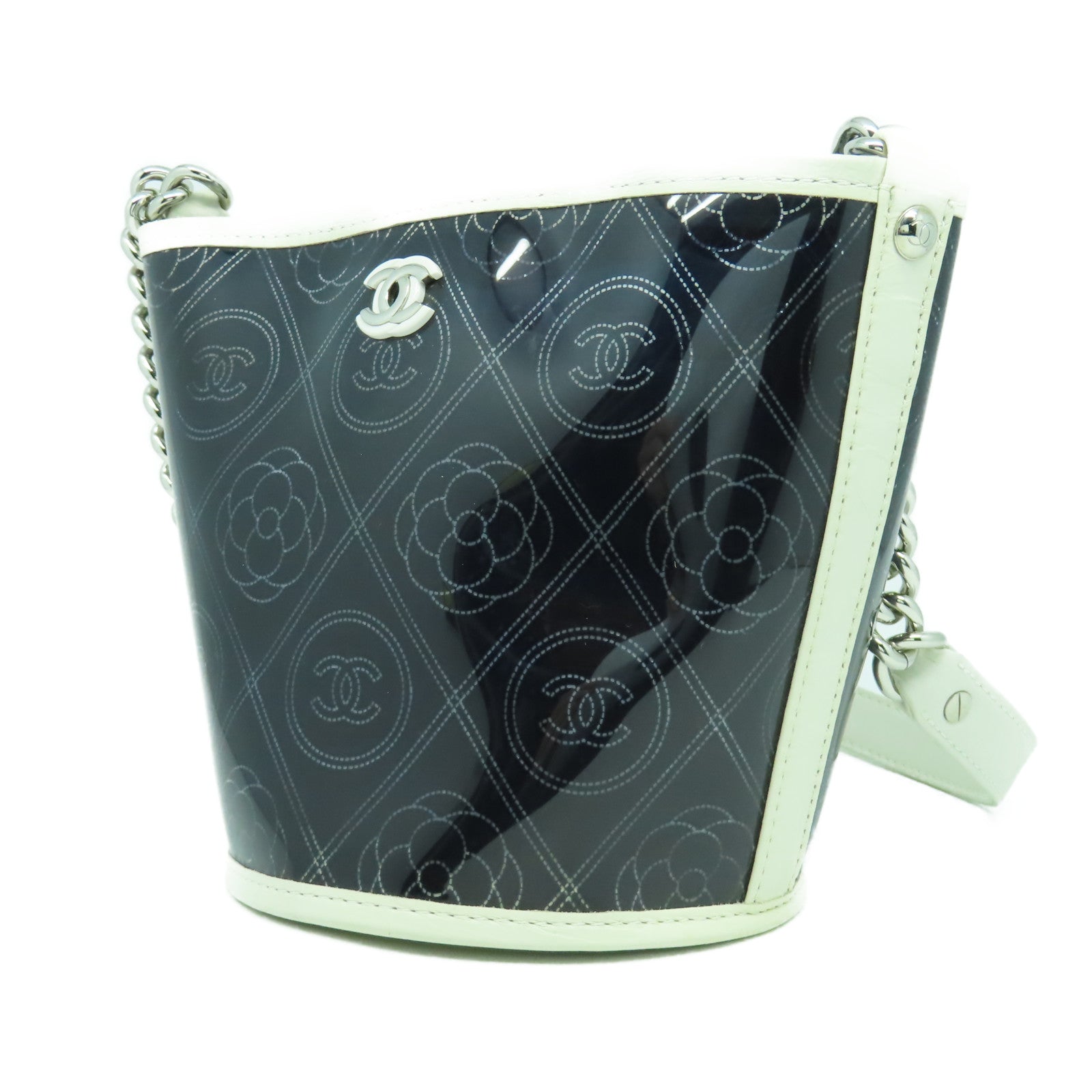CHANEL 【清倉大減價】牛皮皮革/PVC Chain Shoulder銀扣鏈帶肩背袋黑色/白色