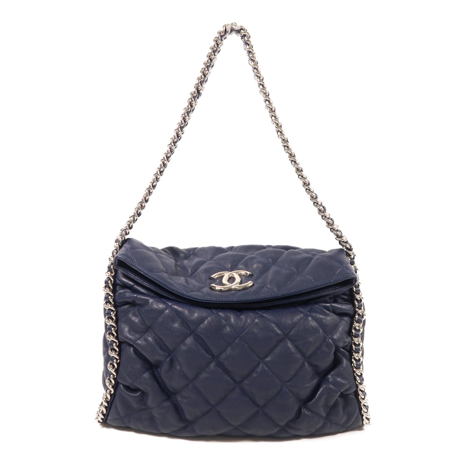 CHANEL 牛皮皮革Chain Shoulder銀扣鏈帶肩背袋