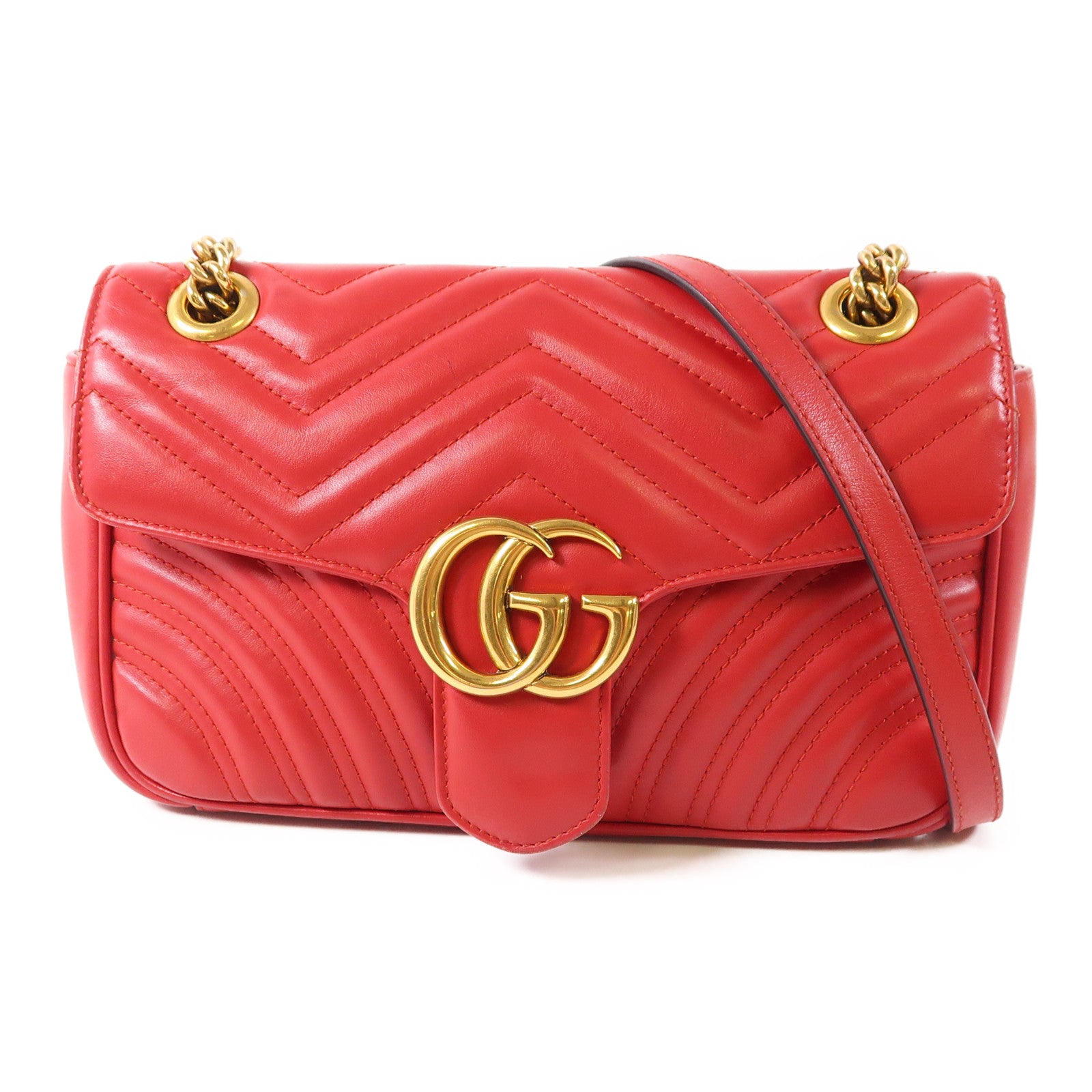 GUCCI GHW GG Marmont Chain Shoulder Bag 443497 Calfskin Leather Red