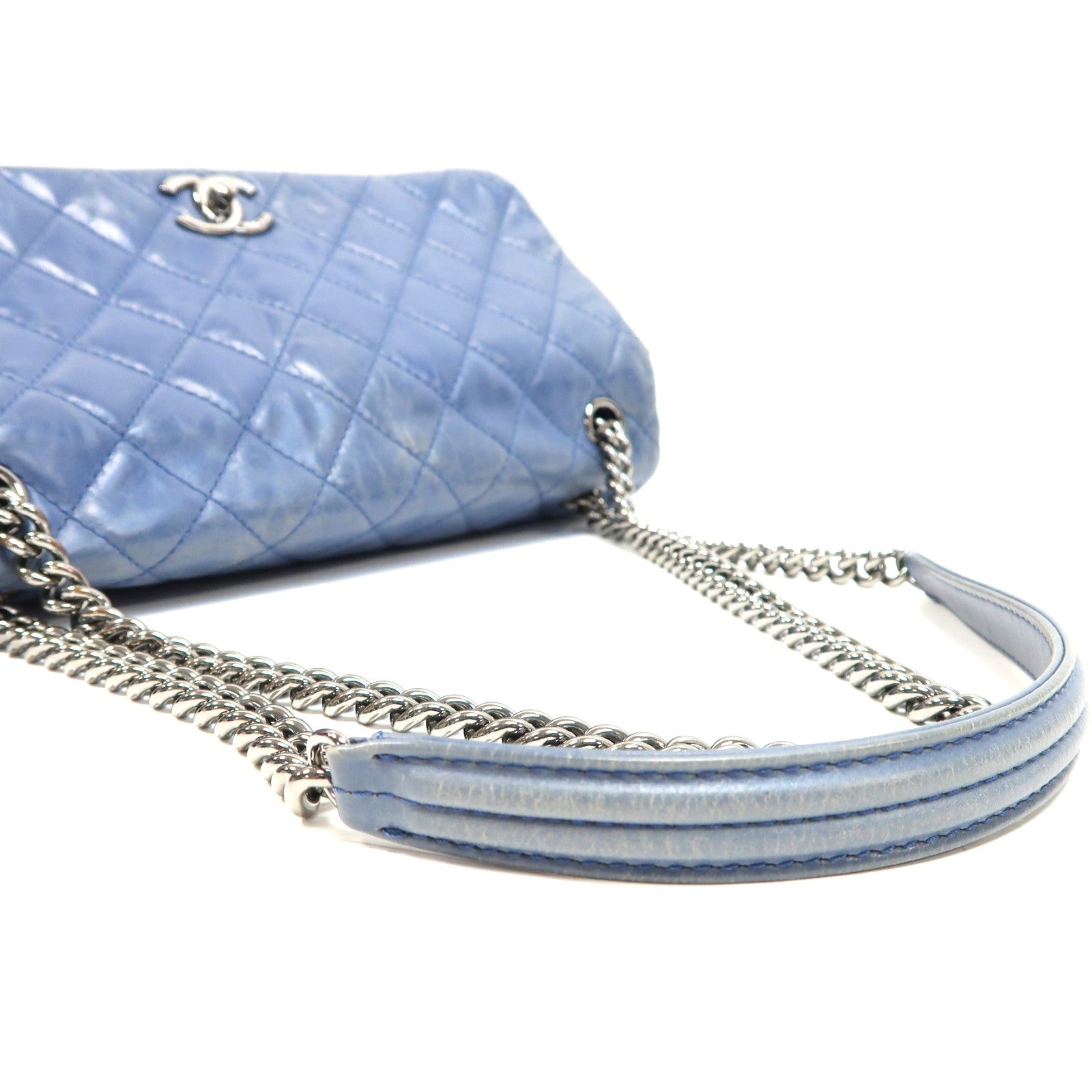 CHANEL 菱格牛皮皮革Chain Shoulder銀扣鏈帶肩背袋藍色
