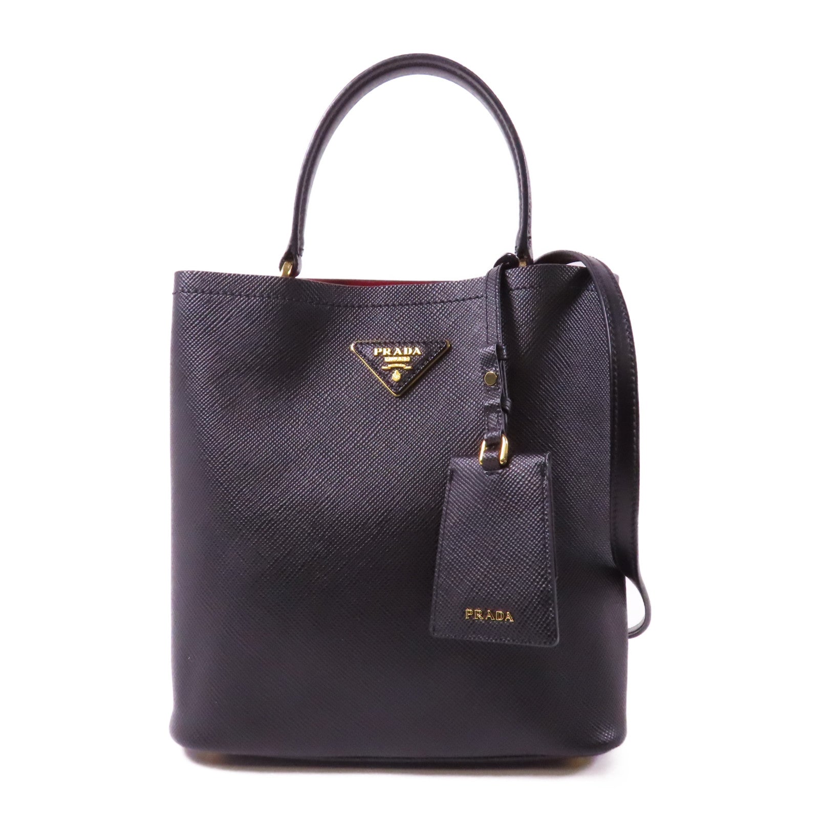 PRADA Saffiano皮革Panier金扣手挽肩背兩用袋黑色