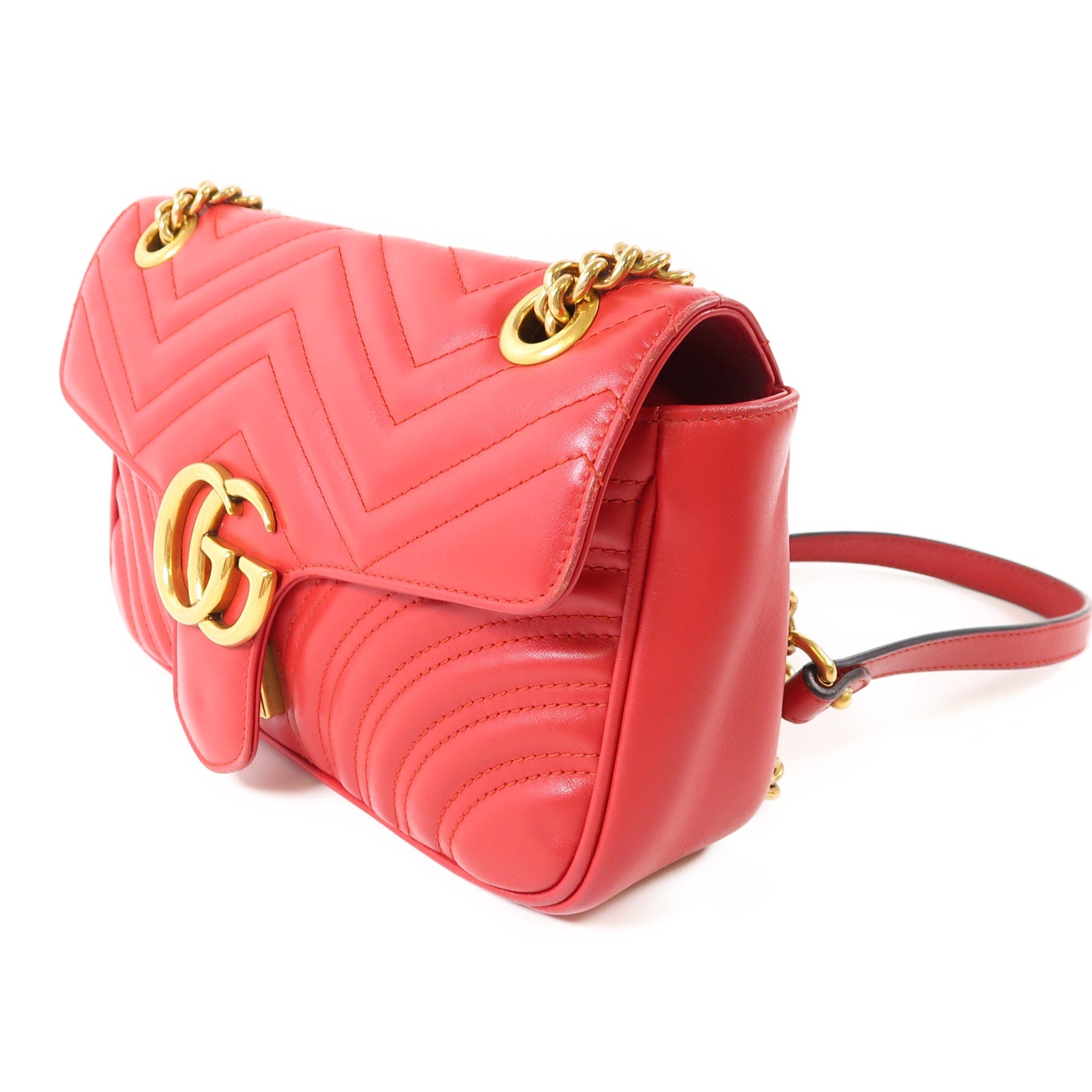 GUCCI GHW GG Marmont Chain Shoulder Bag 443497 Calfskin Leather Red