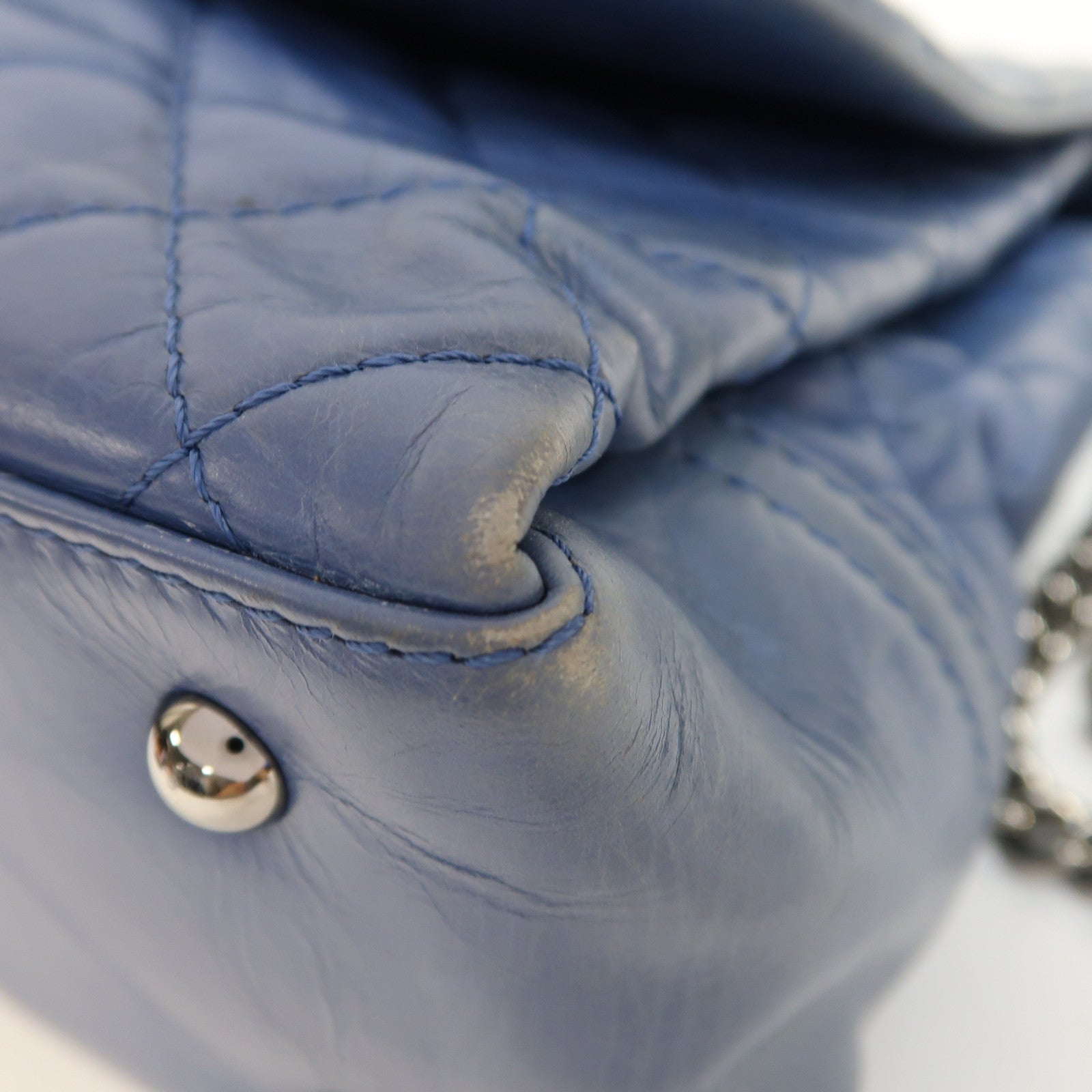 CHANEL 菱格牛皮皮革Chain Shoulder銀扣鏈帶肩背袋藍色