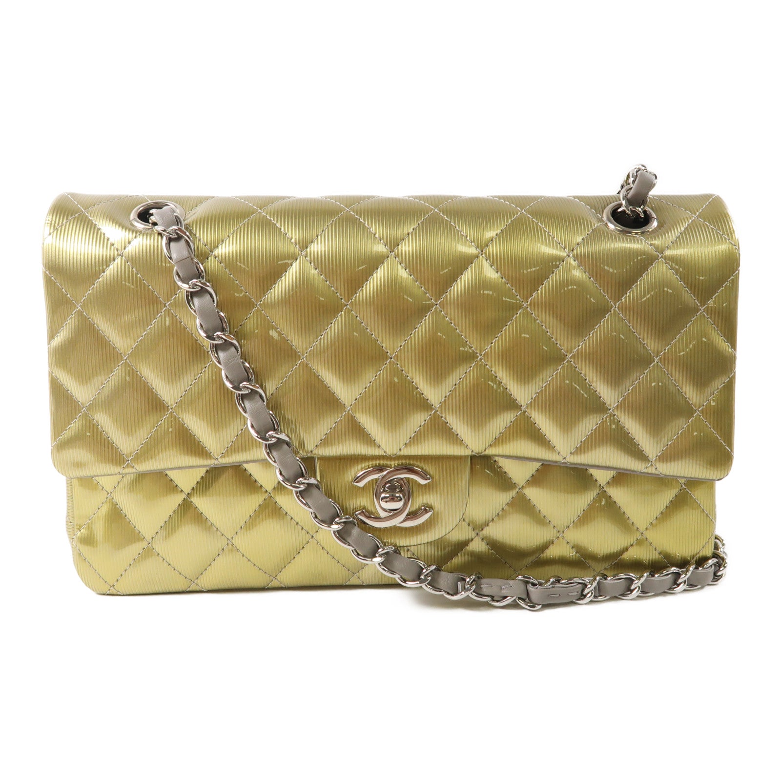 CHANEL 【激減優惠】漆皮皮革Chain Shoulder銀扣鏈帶肩背袋金色