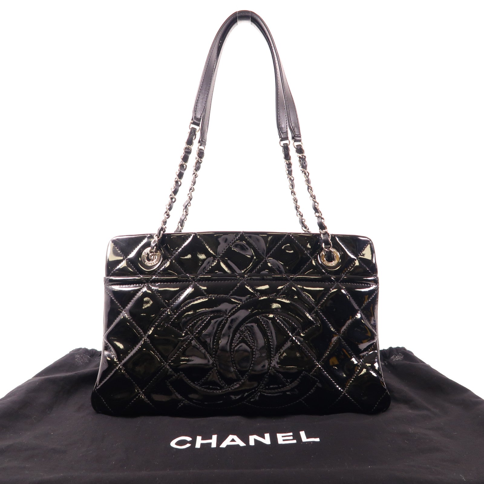 CHANEL CC SHW Chain Shoulder Bag Patent Leather Black