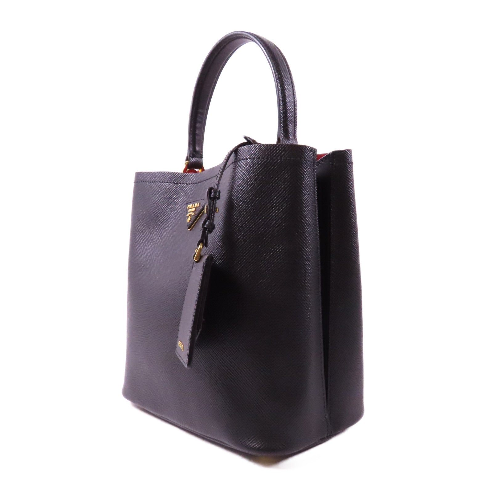 PRADA Saffiano皮革Panier金扣手挽肩背兩用袋黑色