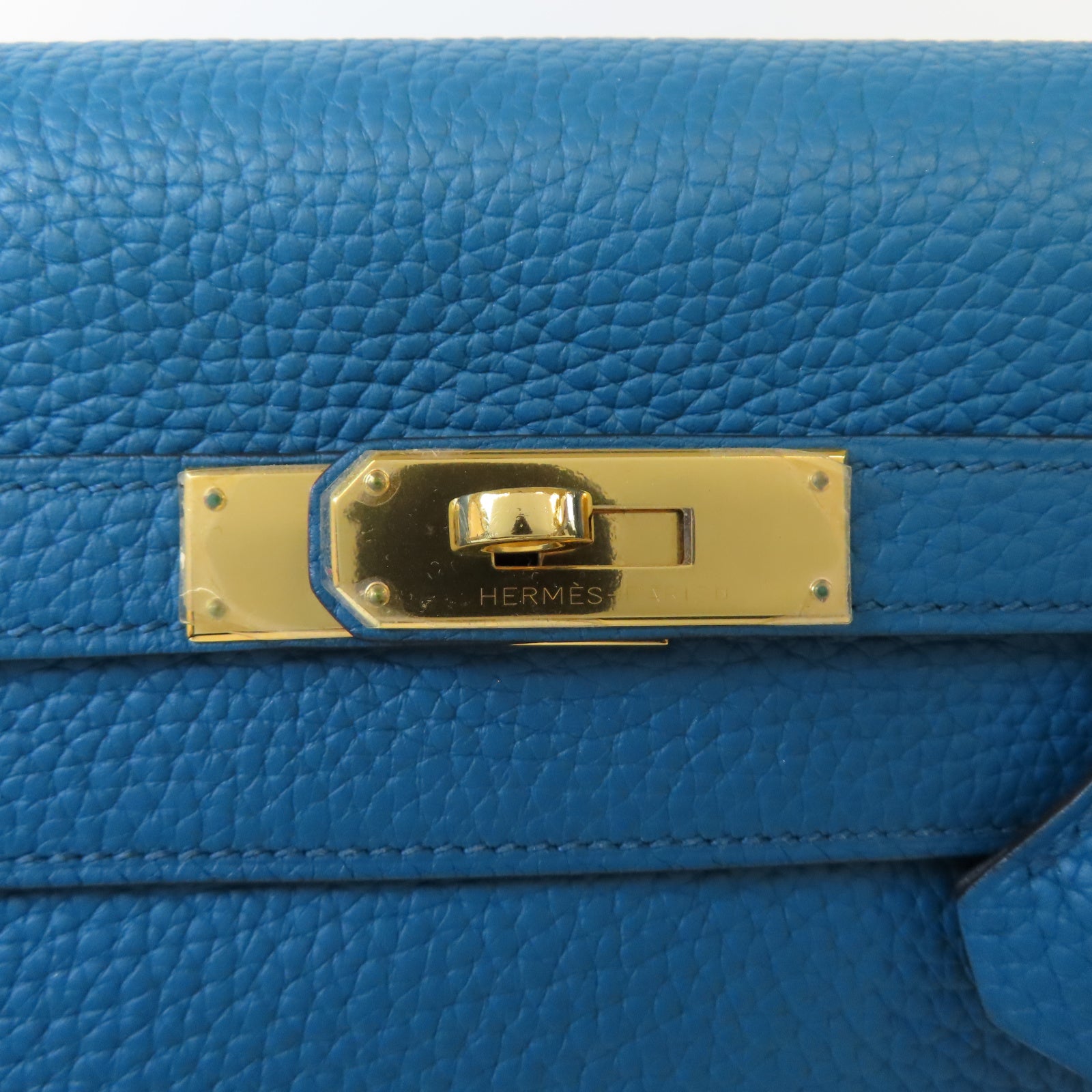 HERMES Clemence皮革Kelly 35金扣手挽肩背兩用袋Bleu Izmir 伊茲密爾藍色