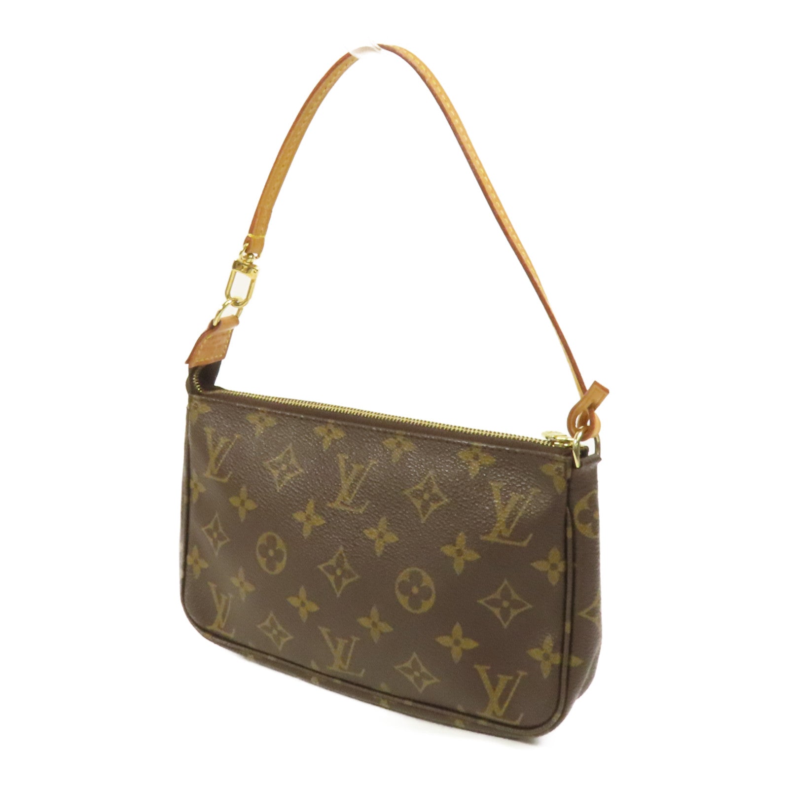 LOUIS VUITTON Monogram Pochette Accessoires金扣手挽袋棕色