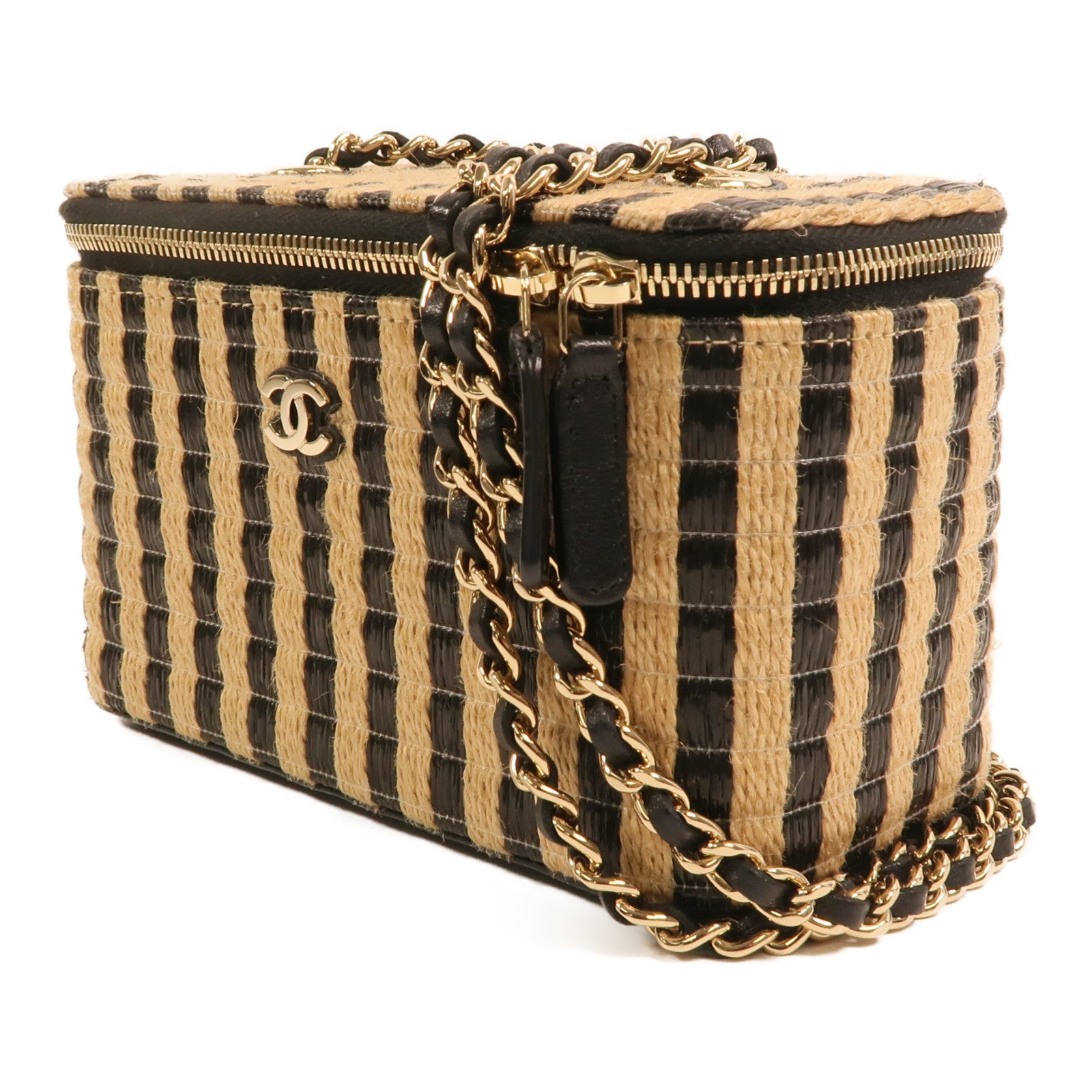 CHANEL Raffia Vanity Case金扣鏈帶肩背袋