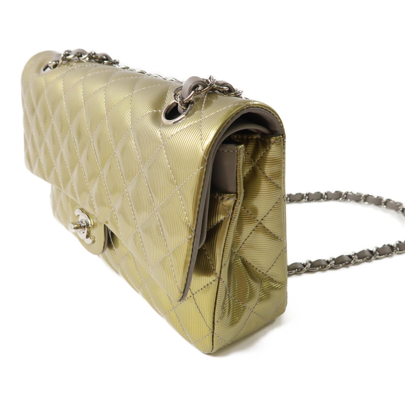 CHANEL 【激減優惠】漆皮皮革Chain Shoulder銀扣鏈帶肩背袋金色