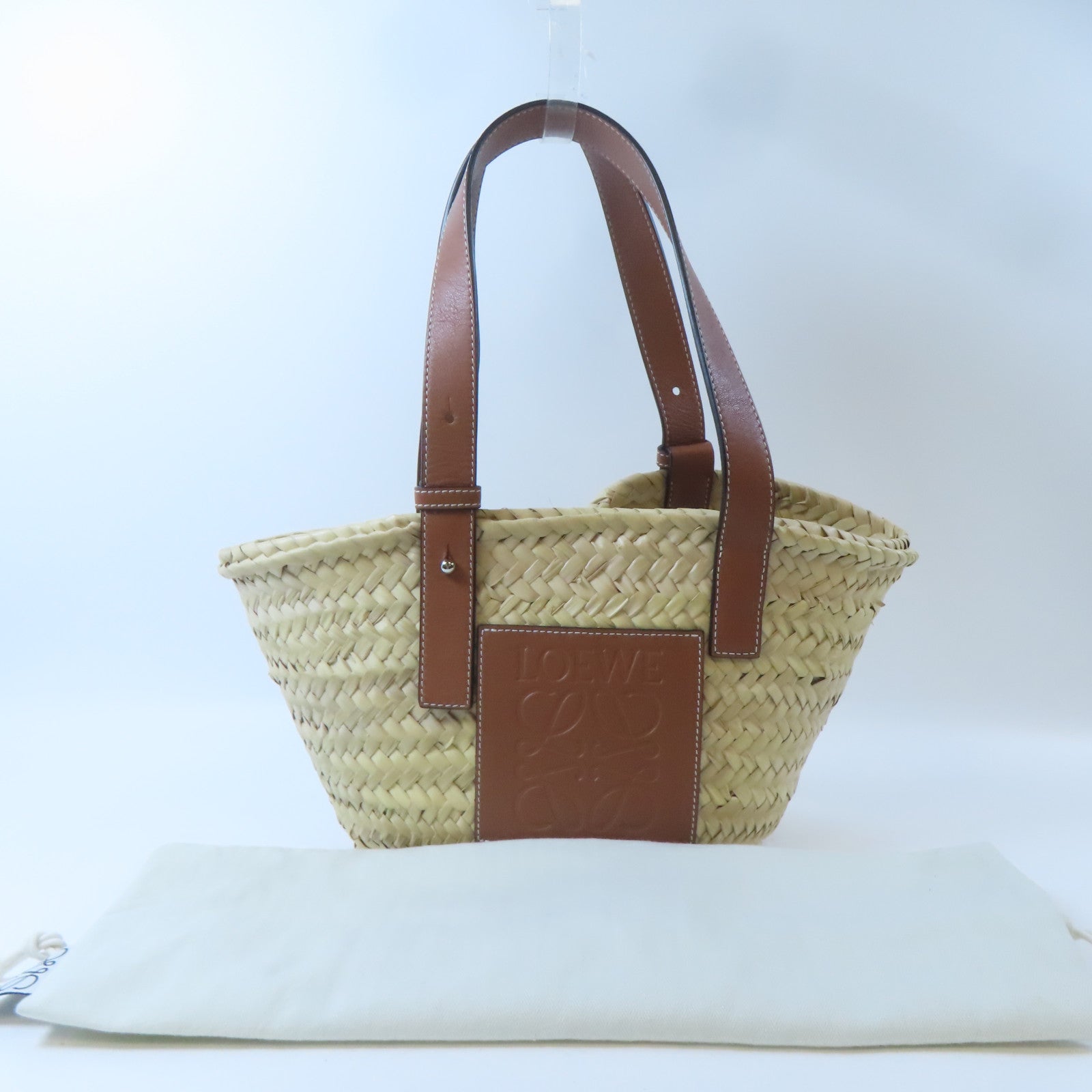 LOEWE 酒椰/皮革Basket Bag銀扣肩背袋/手挽袋啡色