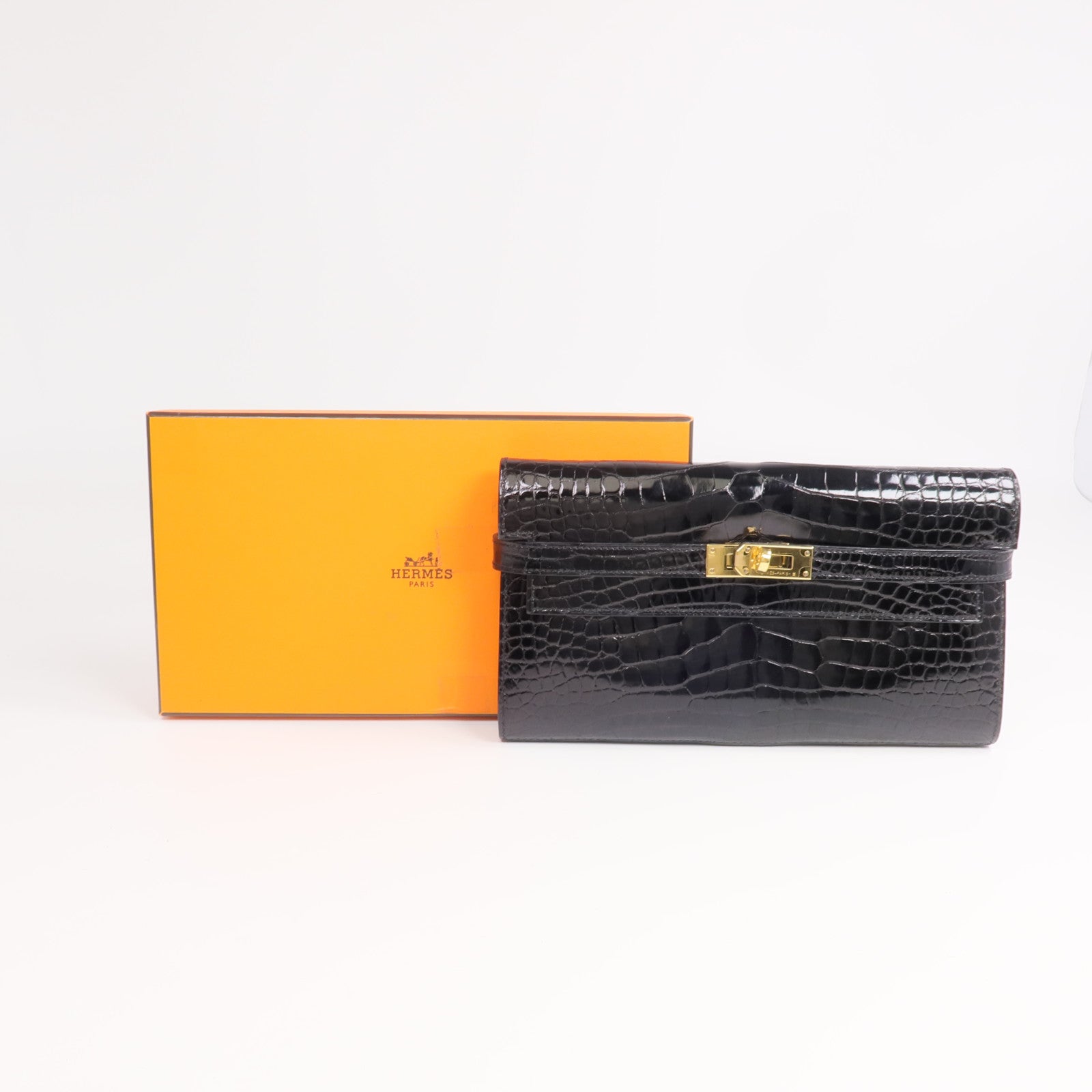 HERMES 【激減優惠】Alligator皮革Kelly Long Wallet金扣長錢包Noir