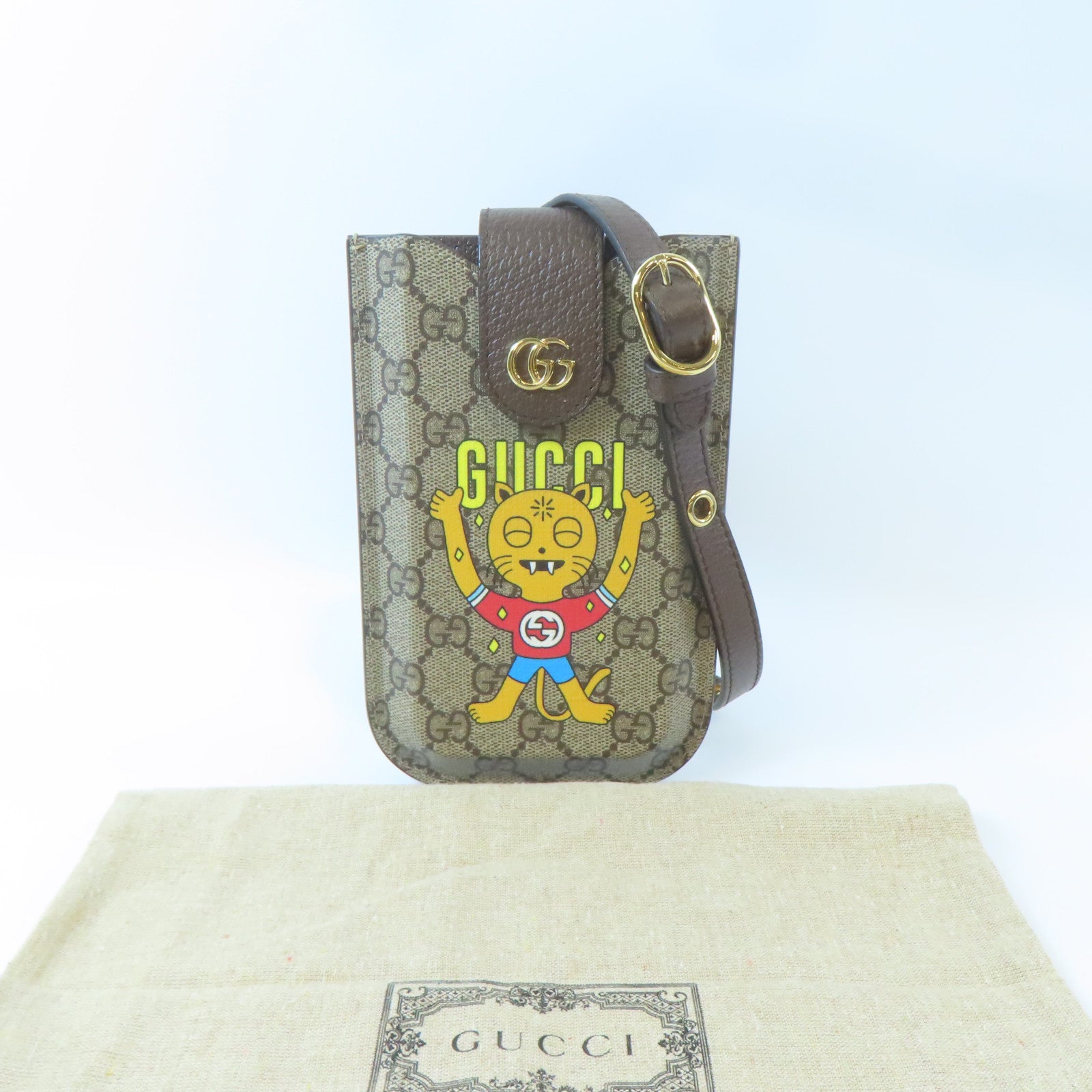 GUCCI 塗層帆布Phone Case金扣肩背袋棕色