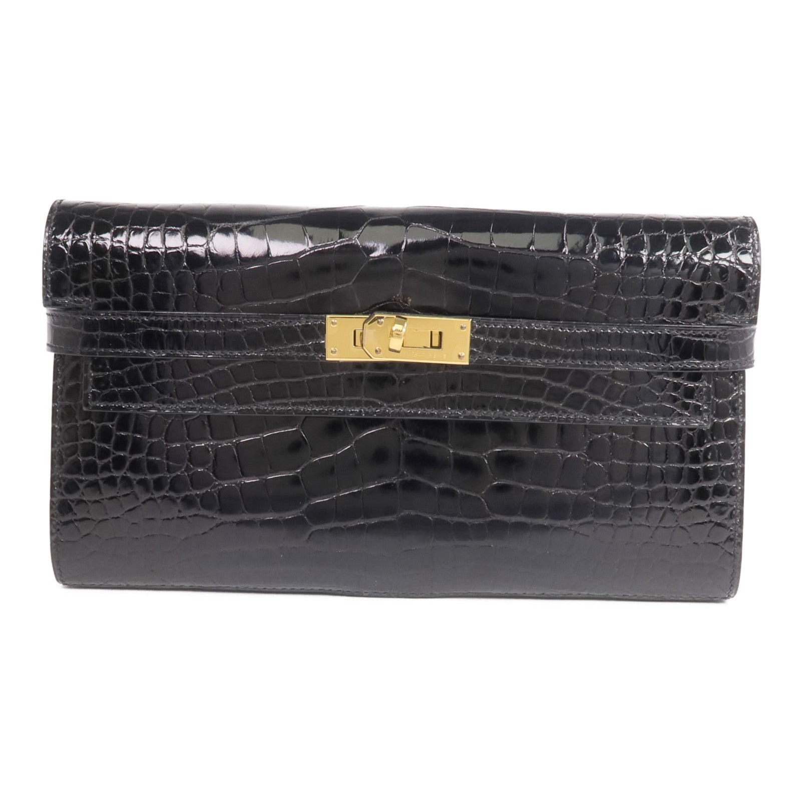 HERMES 【激減優惠】Alligator皮革Kelly Long Wallet金扣長錢包Noir
