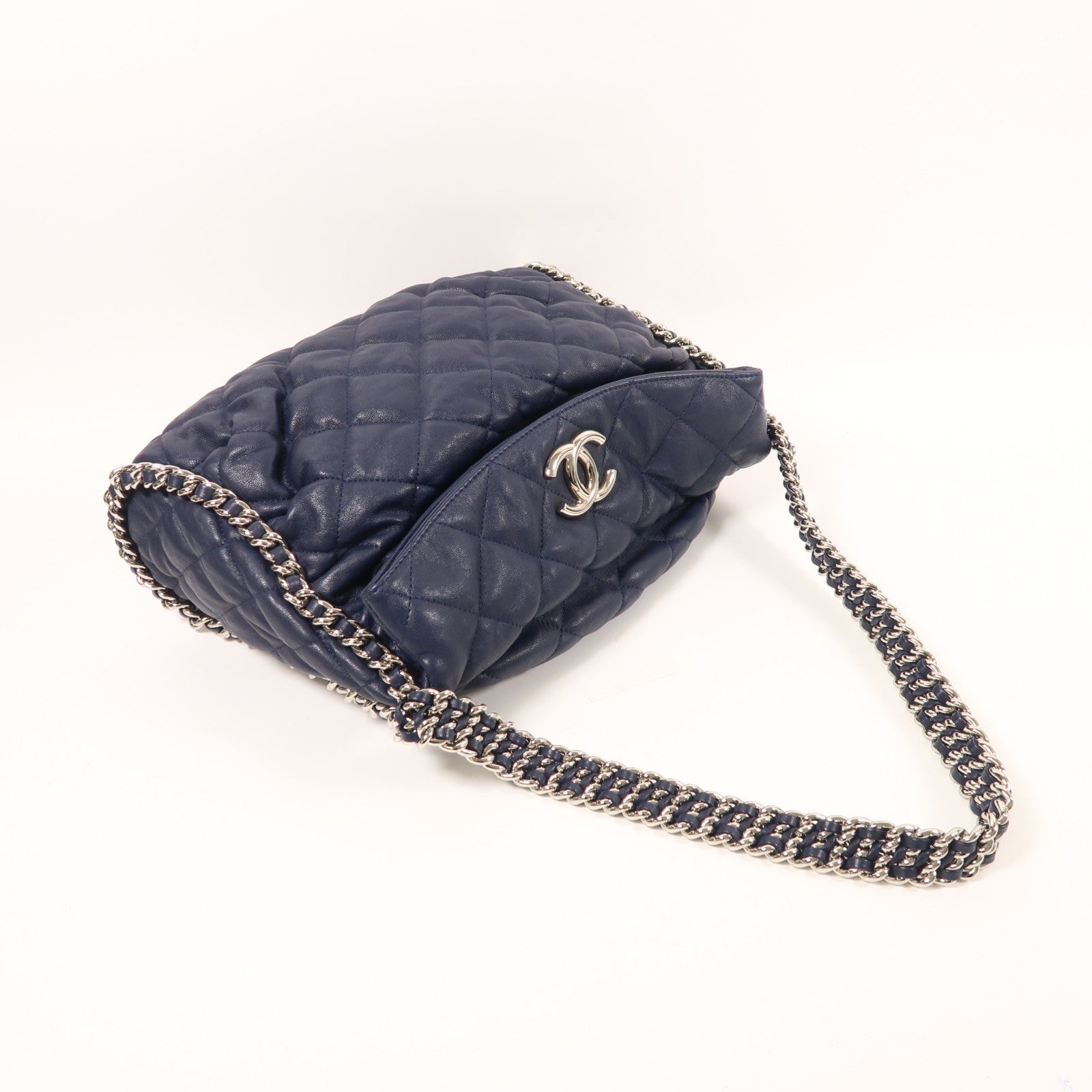 CHANEL 牛皮皮革Chain Shoulder銀扣鏈帶肩背袋
