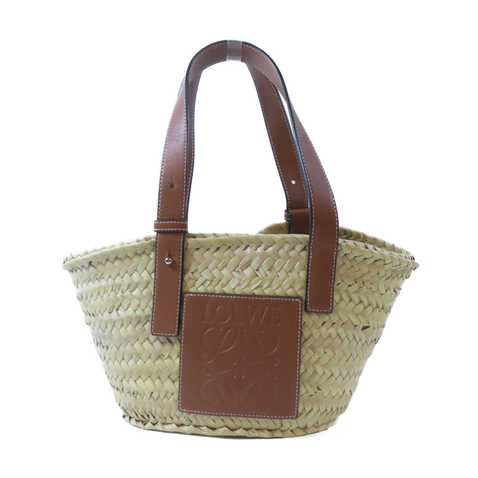 LOEWE 酒椰/皮革Basket Bag銀扣肩背袋/手挽袋啡色