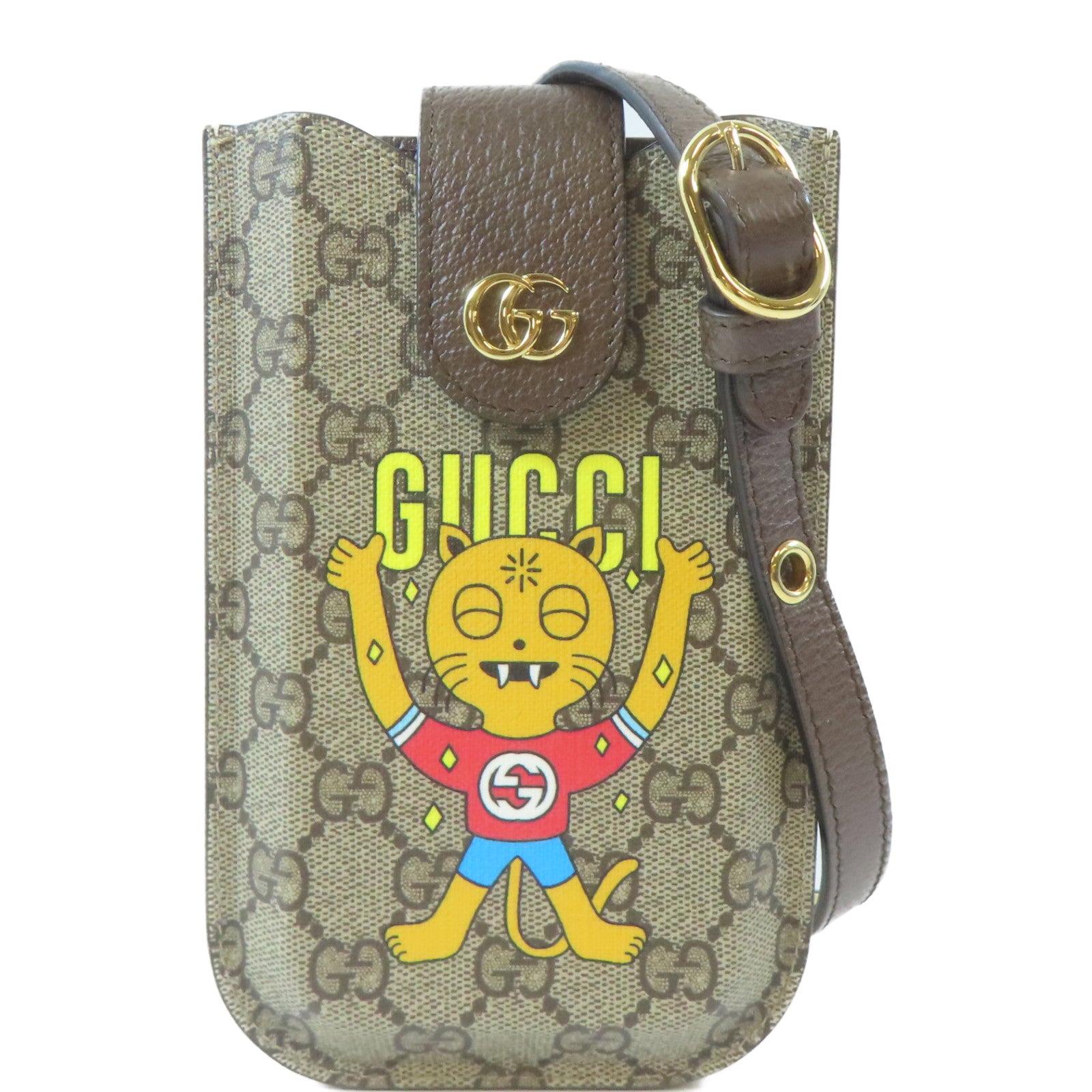GUCCI 塗層帆布Phone Case金扣肩背袋棕色
