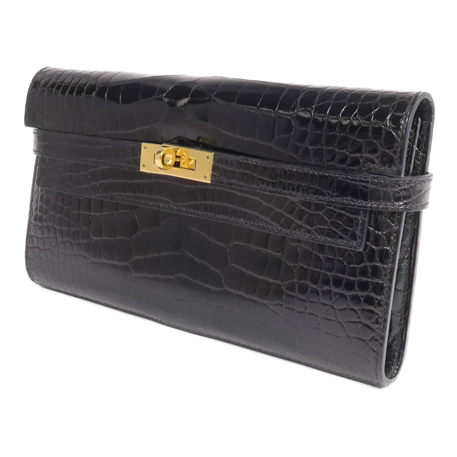 HERMES 【激減優惠】Alligator皮革Kelly Long Wallet金扣長錢包Noir