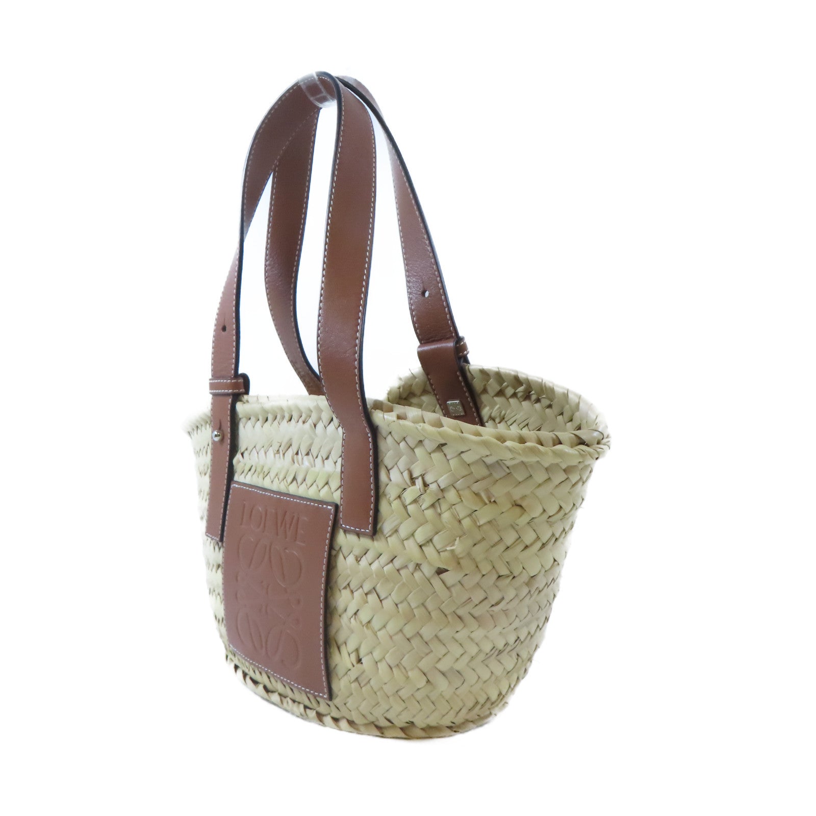 LOEWE 酒椰/皮革Basket Bag銀扣肩背袋/手挽袋啡色