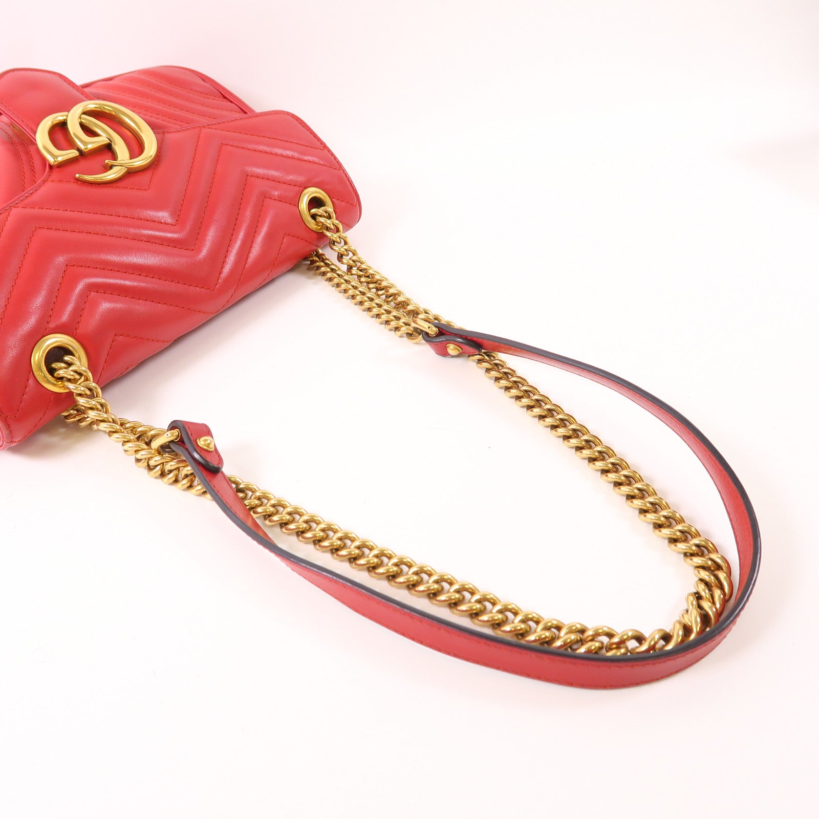 GUCCI GHW GG Marmont Chain Shoulder Bag 443497 Calfskin Leather Red