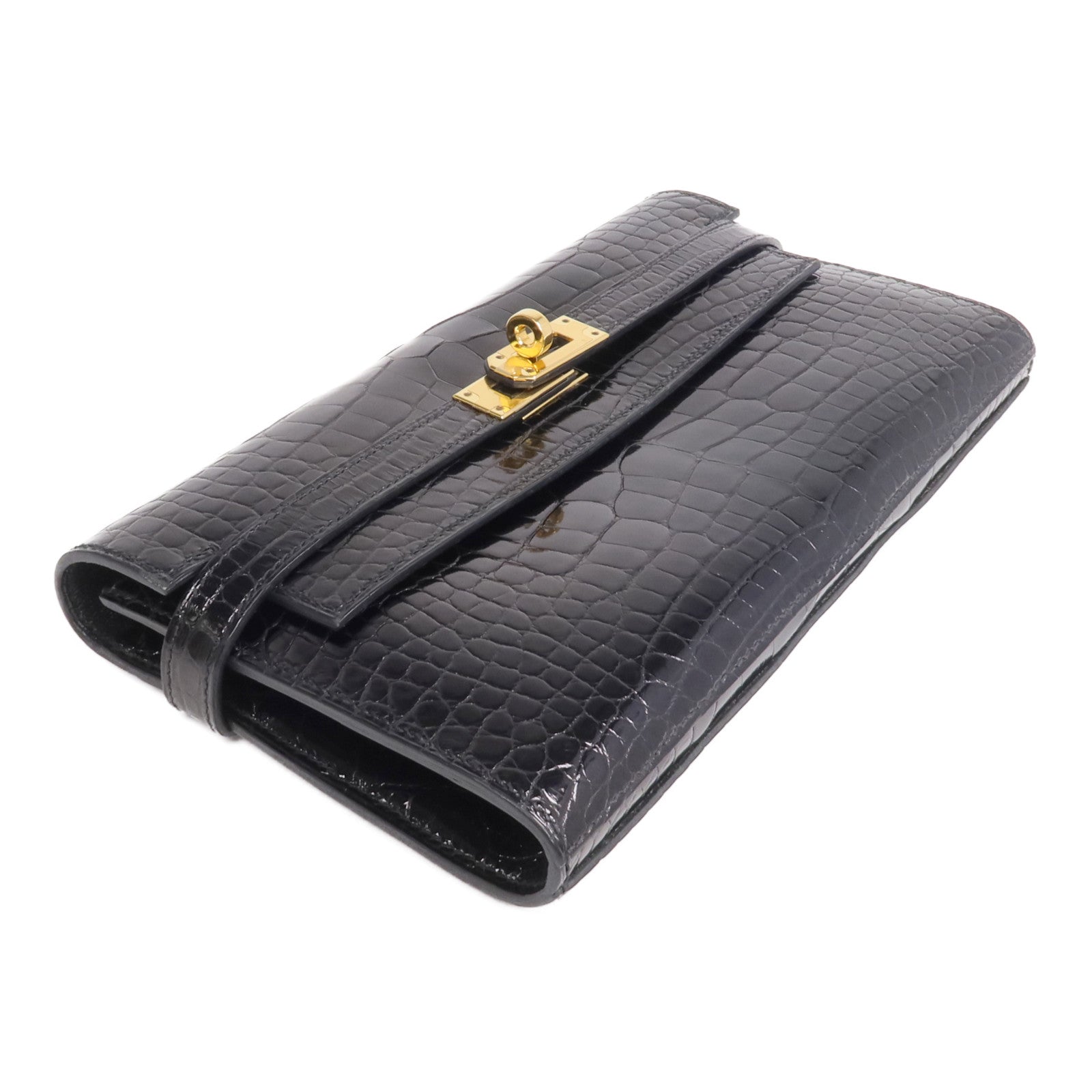 HERMES 【激減優惠】Alligator皮革Kelly Long Wallet金扣長錢包Noir