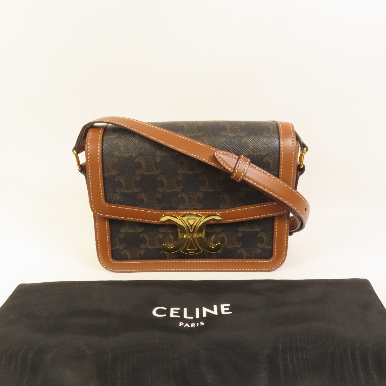 CELINE 塗層帆布/牛皮皮革Teen Triomphe金扣肩背袋
