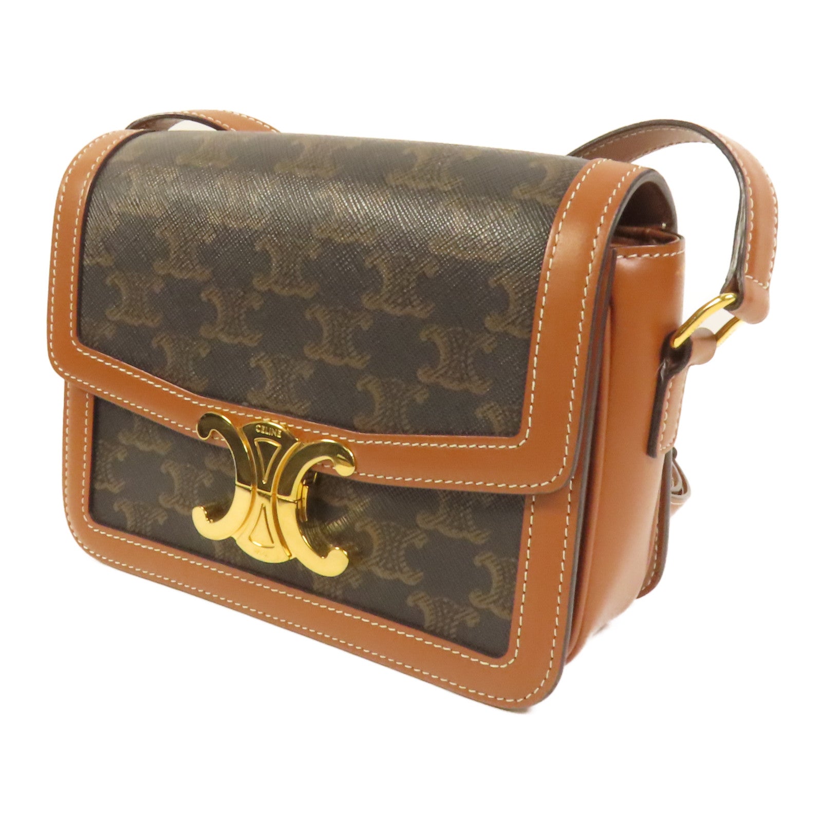 CELINE 塗層帆布/牛皮皮革Teen Triomphe金扣肩背袋