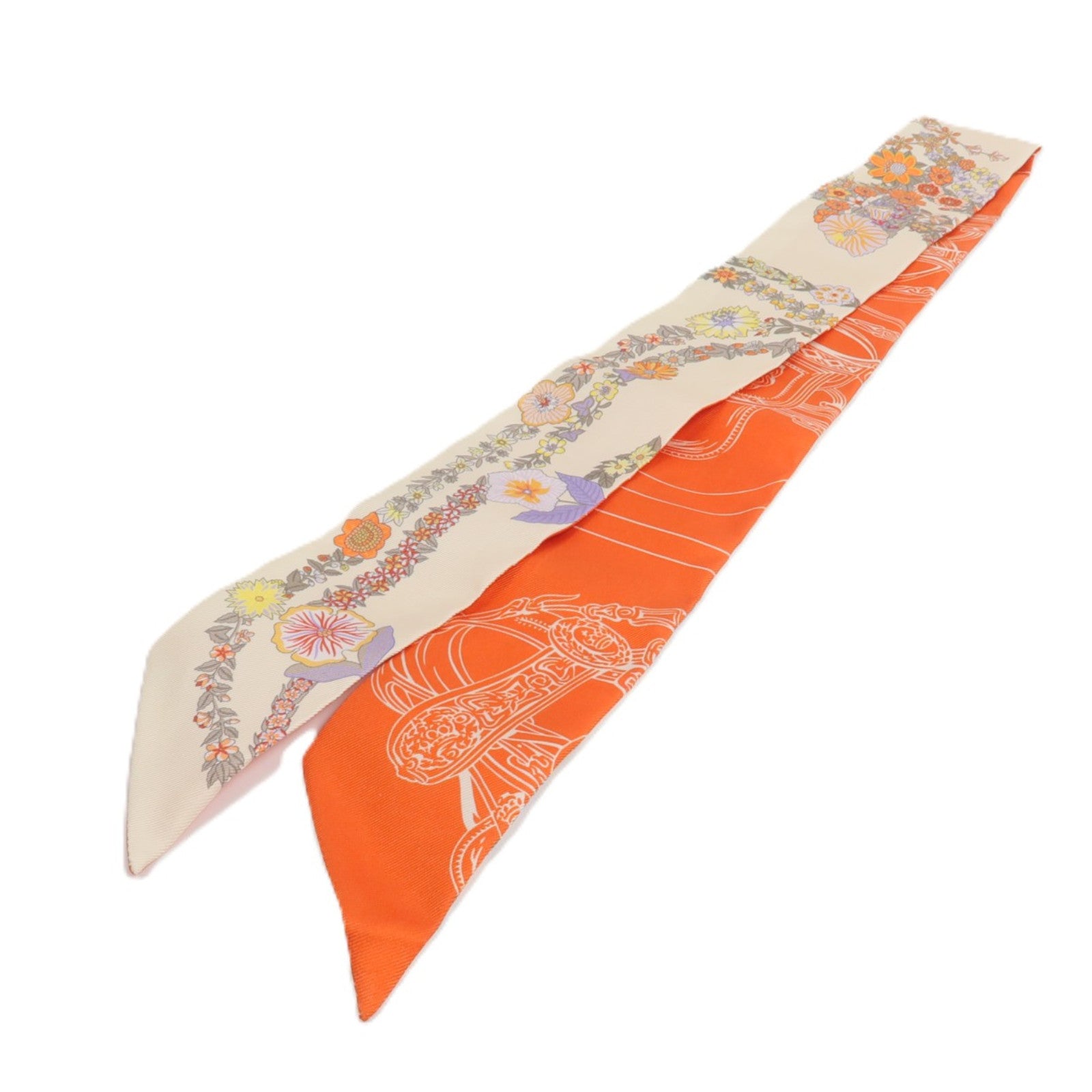 HERMES 絲質Brides de Gala en Fleurs Twilly絲巾Vanille/Orange/Kaki