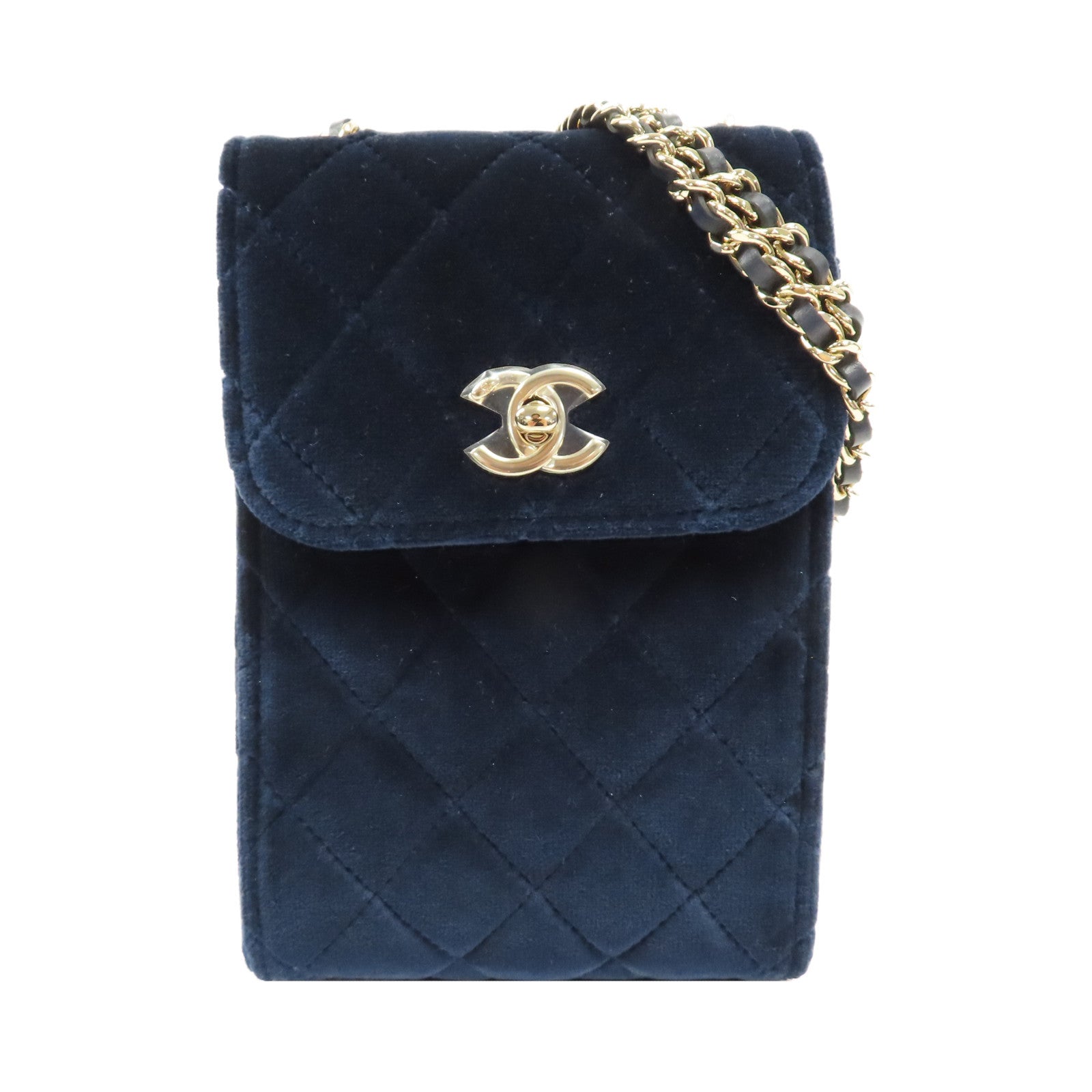 CHANEL 菱格天鵝絨Phone Holder With Chain金扣鏈帶肩背袋深藍色
