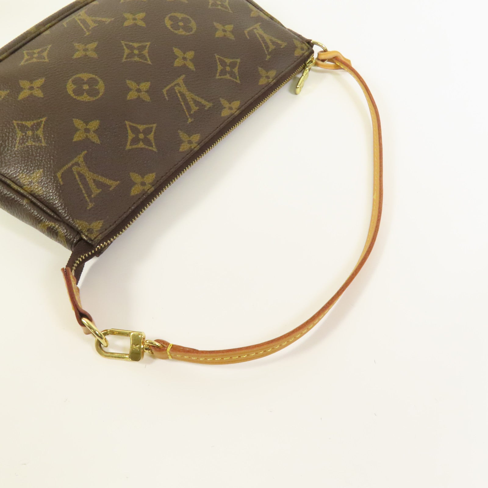 LOUIS VUITTON Monogram Pochette Accessoires金扣手挽袋棕色