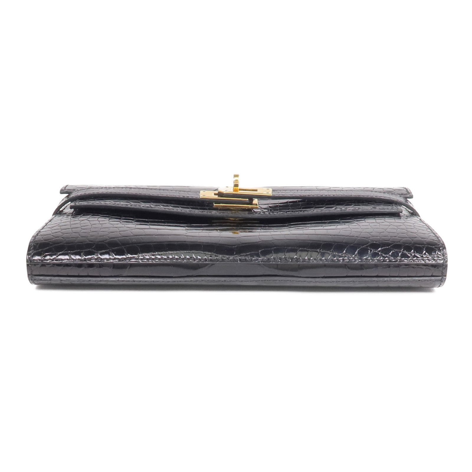 HERMES 【激減優惠】Alligator皮革Kelly Long Wallet金扣長錢包Noir