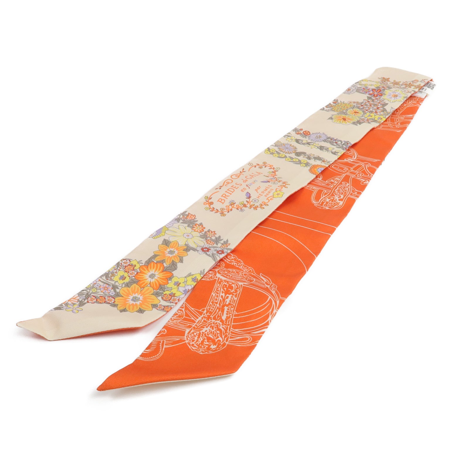 HERMES 絲質Brides de Gala en Fleurs Twilly絲巾Vanille/Orange/Kaki
