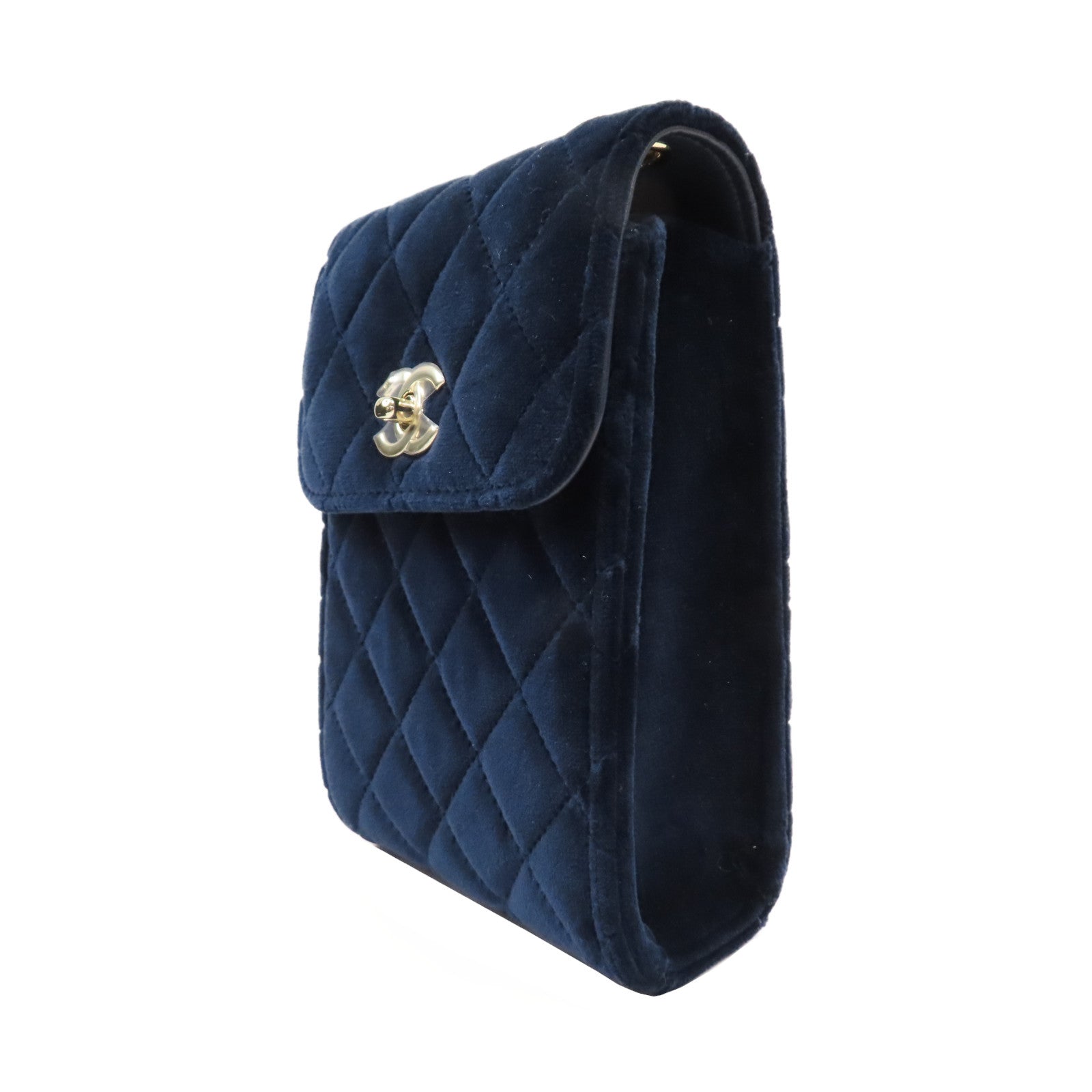 CHANEL 菱格天鵝絨Phone Holder With Chain金扣鏈帶肩背袋深藍色