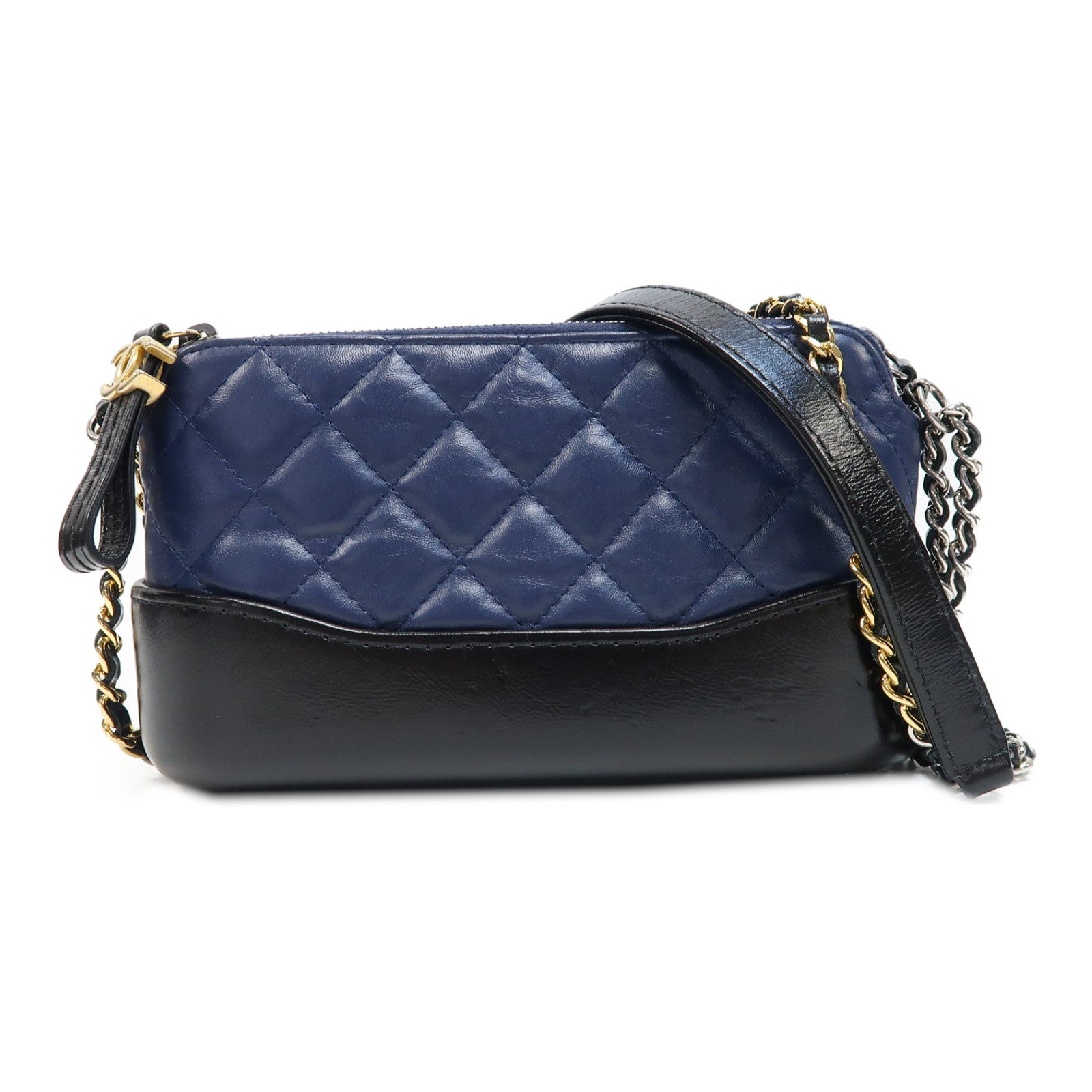 CHANEL 菱格牛皮皮革Gabrielle Wallet On Chain肩背袋深藍色/黑色