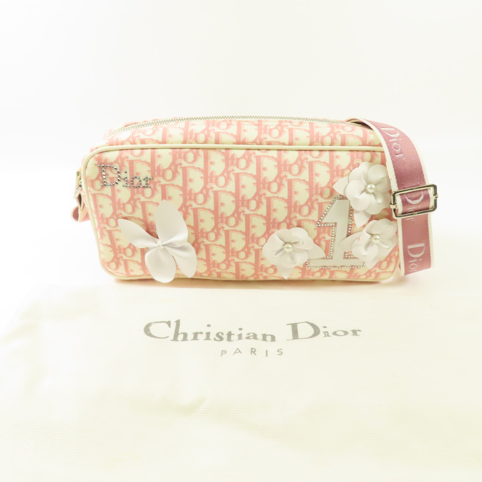 Dior 帆布Trotter Canvas Flower銀扣肩背袋