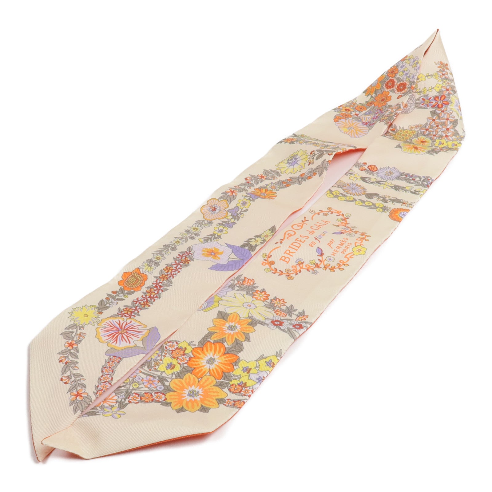 HERMES 絲質Brides de Gala en Fleurs Twilly絲巾Vanille/Orange/Kaki
