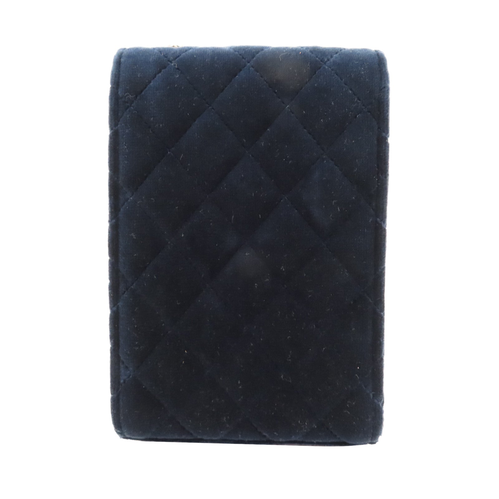CHANEL 菱格天鵝絨Phone Holder With Chain金扣鏈帶肩背袋深藍色