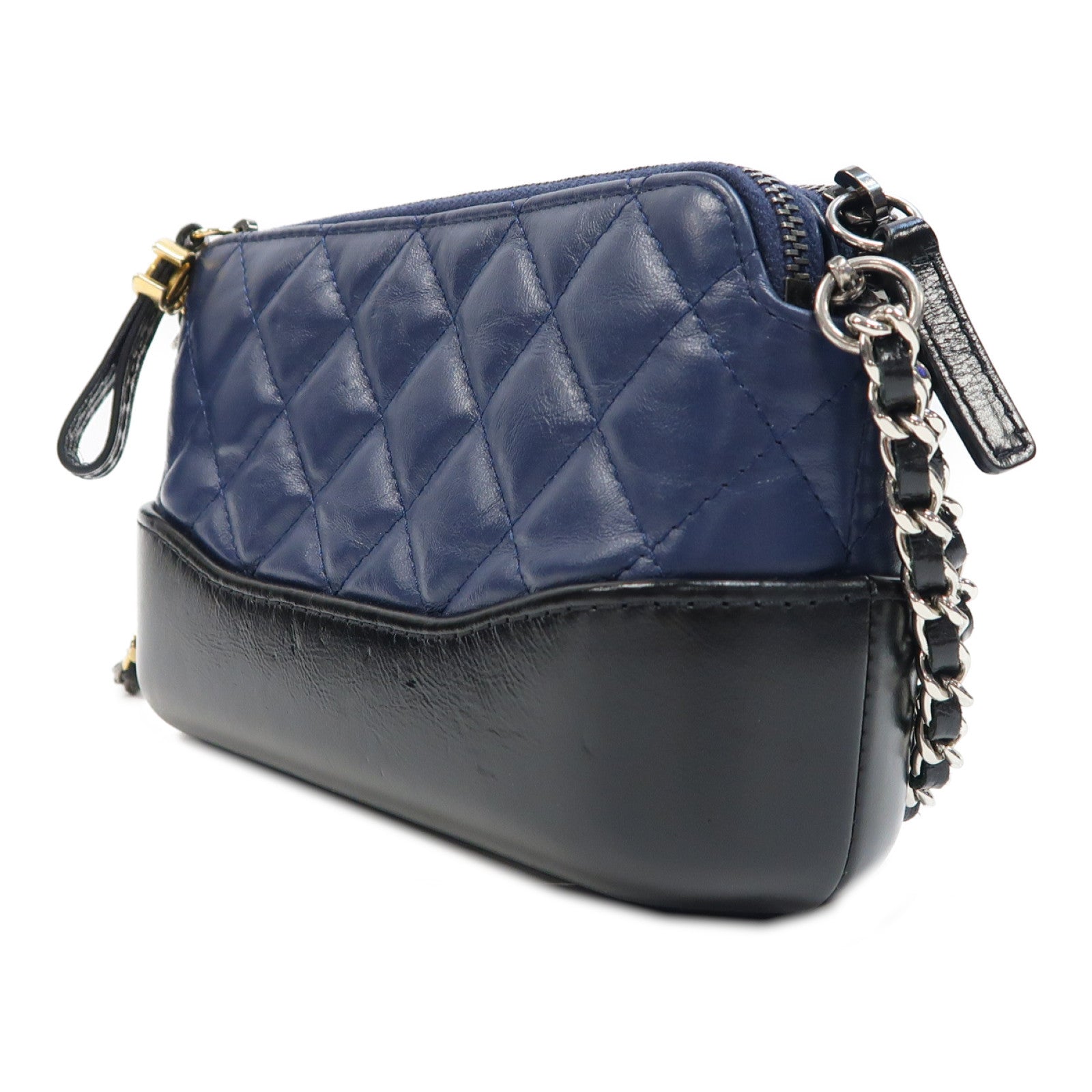 CHANEL 菱格牛皮皮革Gabrielle Wallet On Chain肩背袋深藍色/黑色